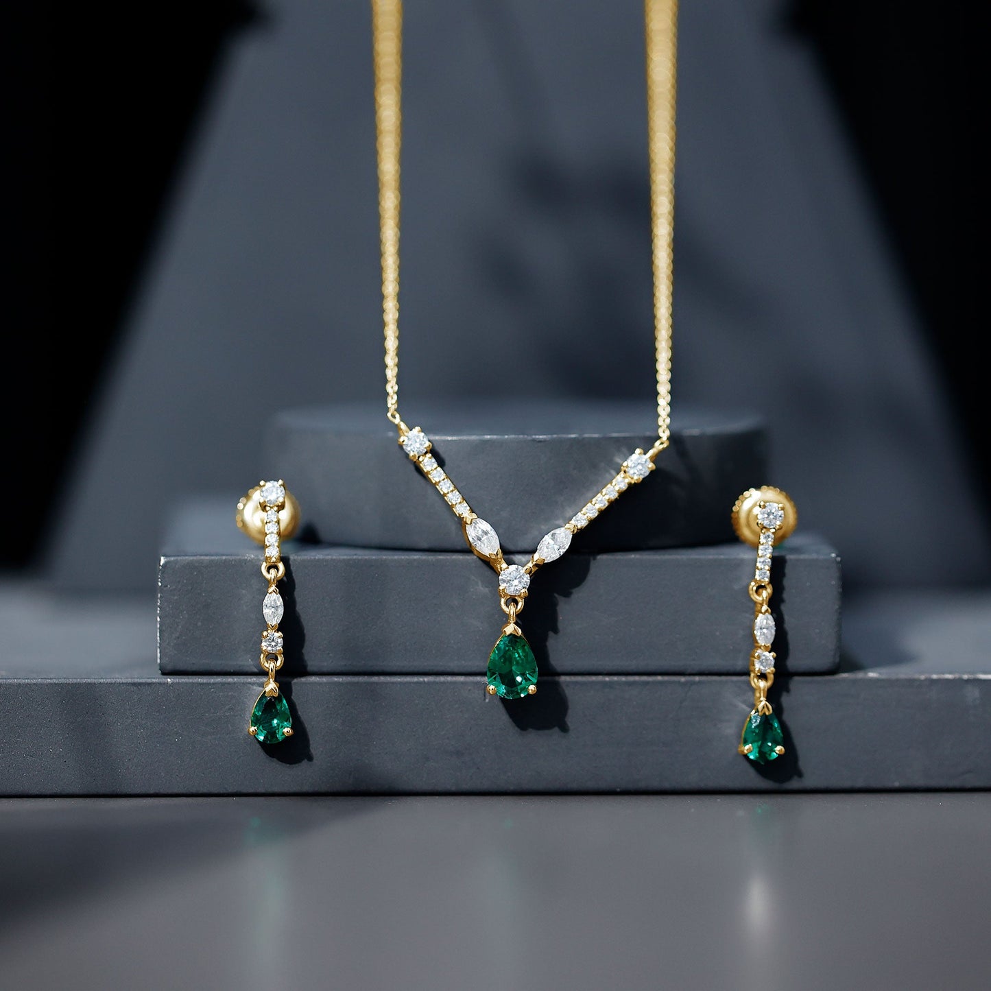 Lab Created Emerald and Moissanite Bridal Necklace Earrings Set