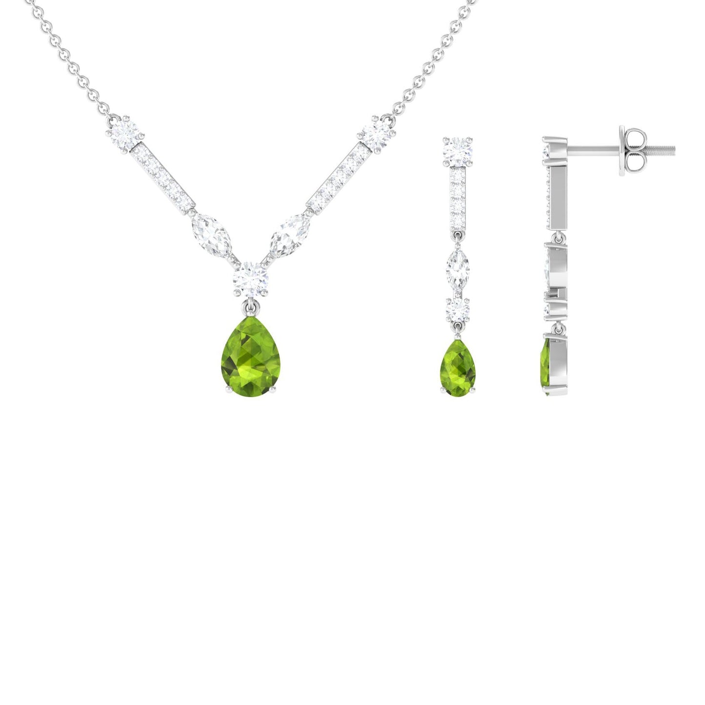 Pear Shaped Peridot and Moissanite Bridal Necklace Earrings Set