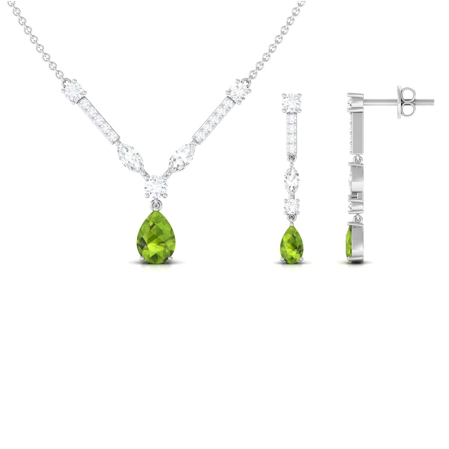 Pear Shaped Peridot and Moissanite Bridal Necklace Earrings Set