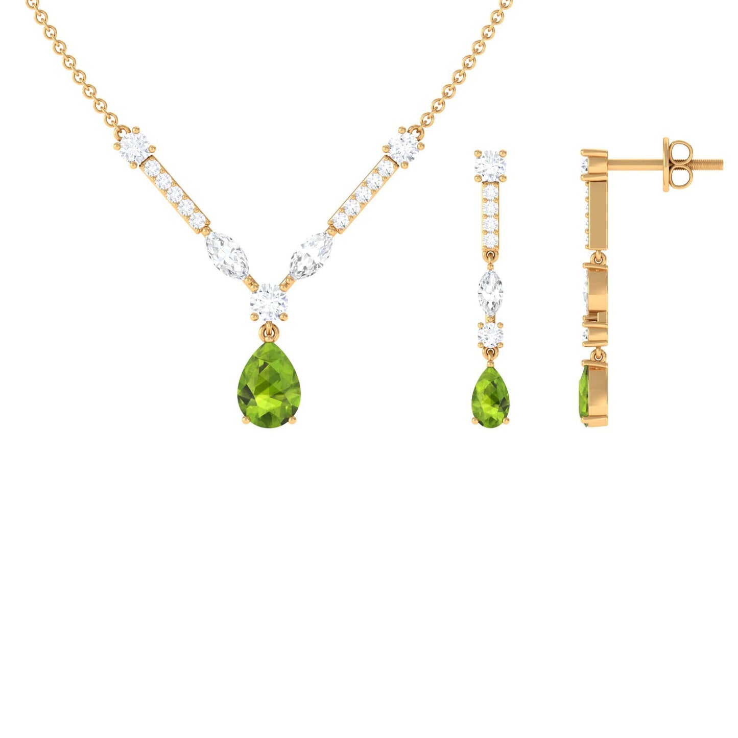 Pear Shaped Peridot and Moissanite Bridal Necklace Earrings Set