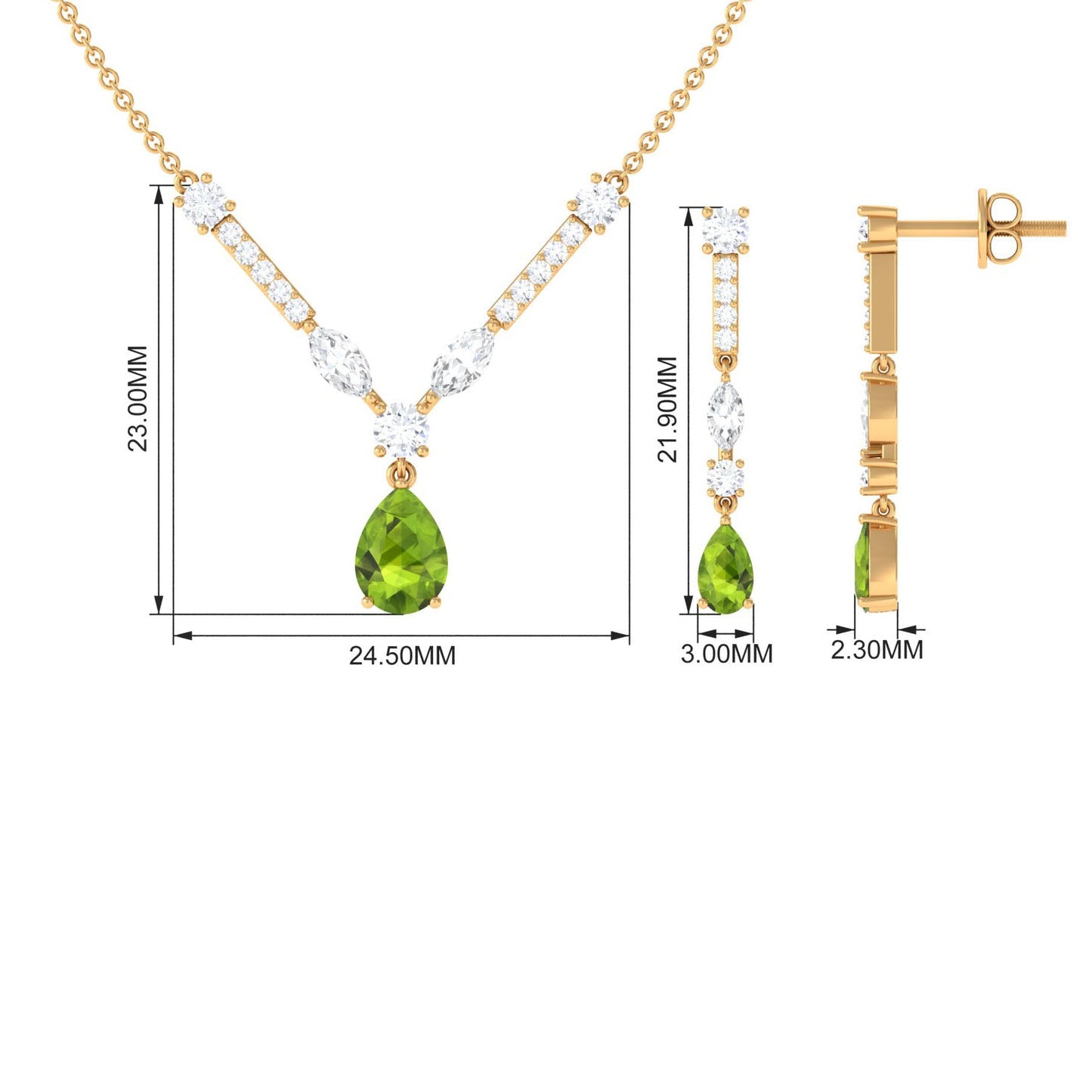 Pear Shaped Peridot and Moissanite Bridal Necklace Earrings Set