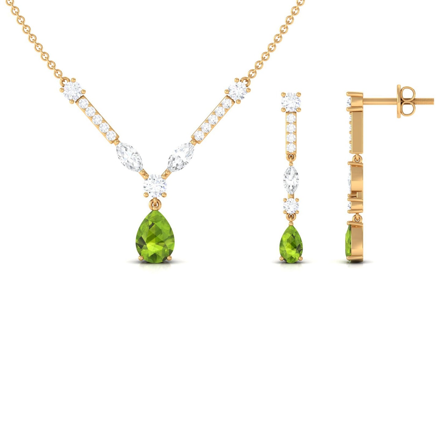 Pear Shaped Peridot and Moissanite Bridal Necklace Earrings Set