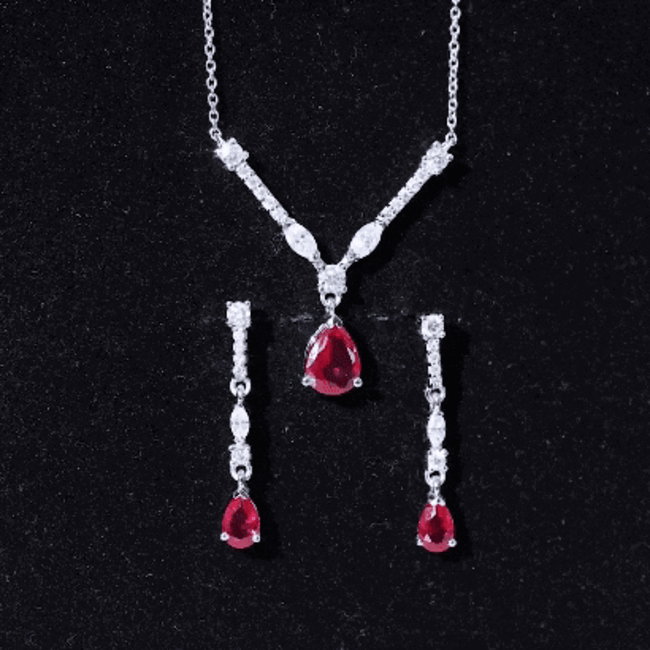 Lab Created Ruby and Moissanite Teardrop Necklace Earrings Set