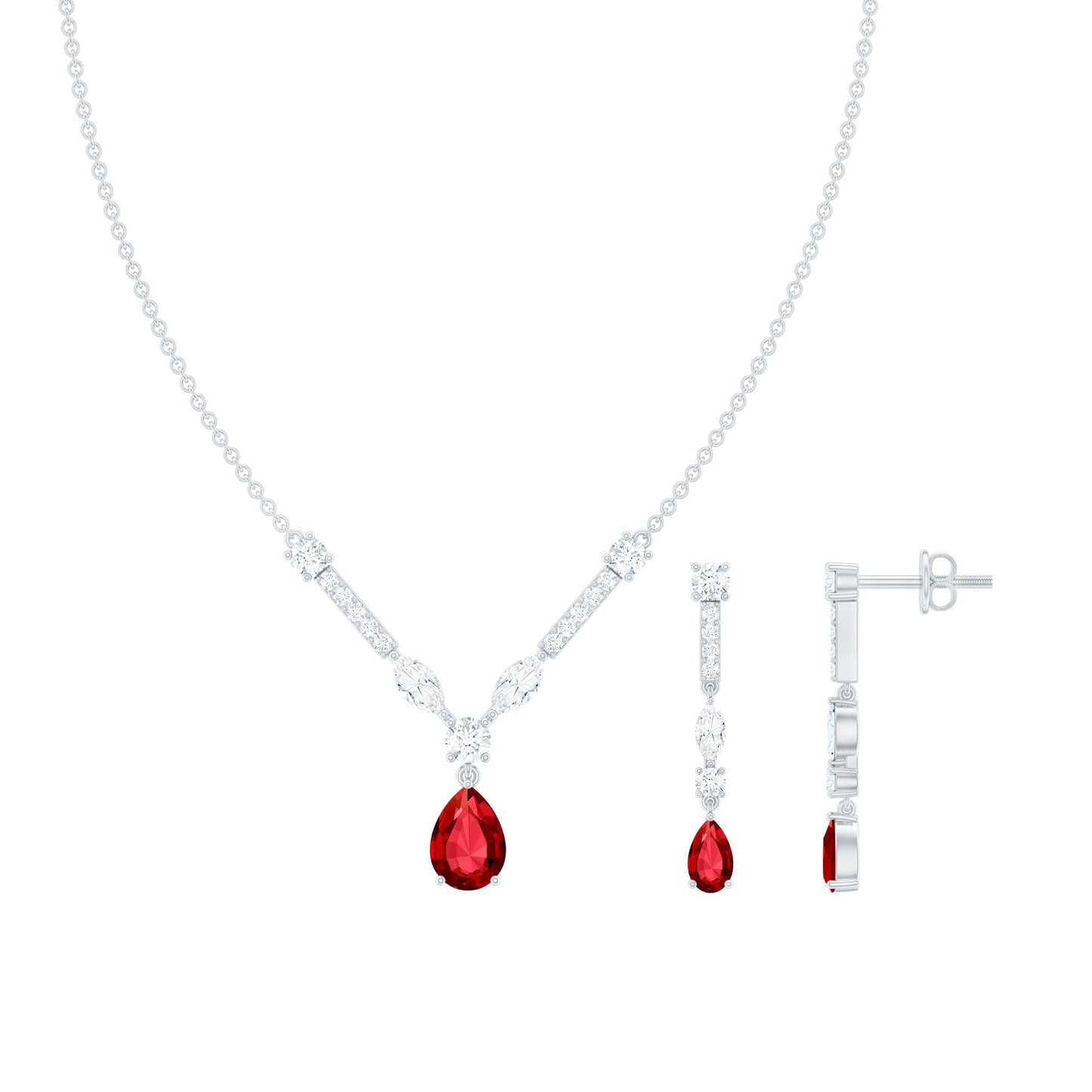 Lab Created Ruby and Moissanite Teardrop Necklace Earrings Set