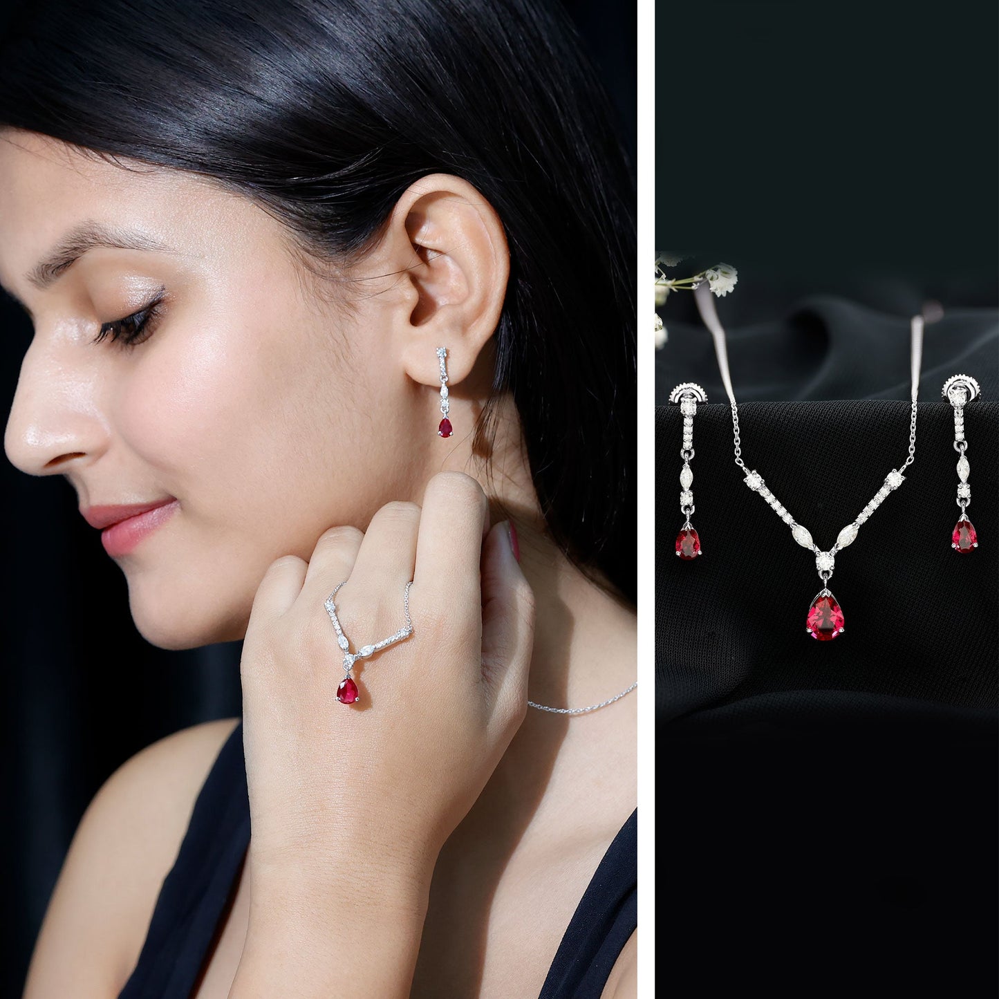 Lab Created Ruby and Moissanite Teardrop Necklace Earrings Set