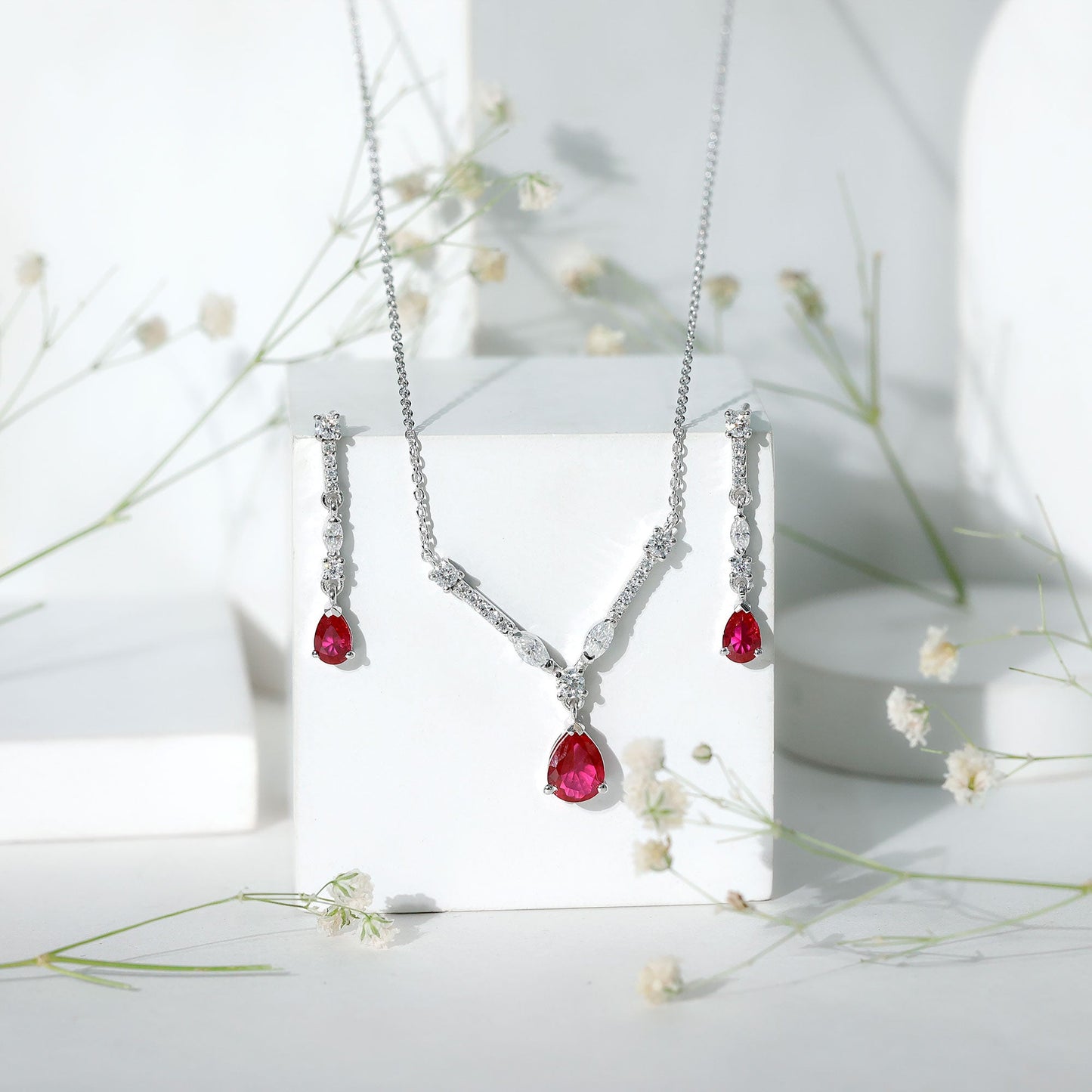 Lab Created Ruby and Moissanite Teardrop Necklace Earrings Set