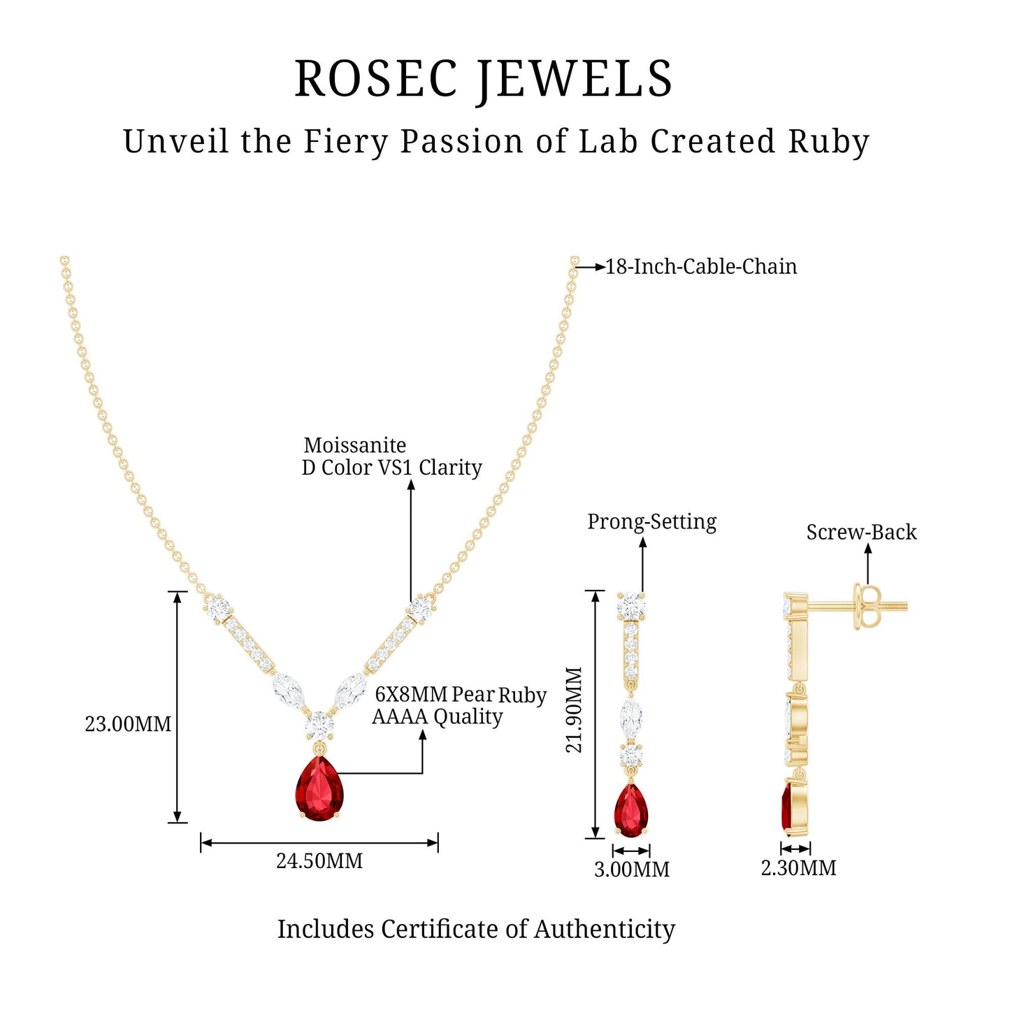 Lab Created Ruby and Moissanite Teardrop Necklace Earrings Set