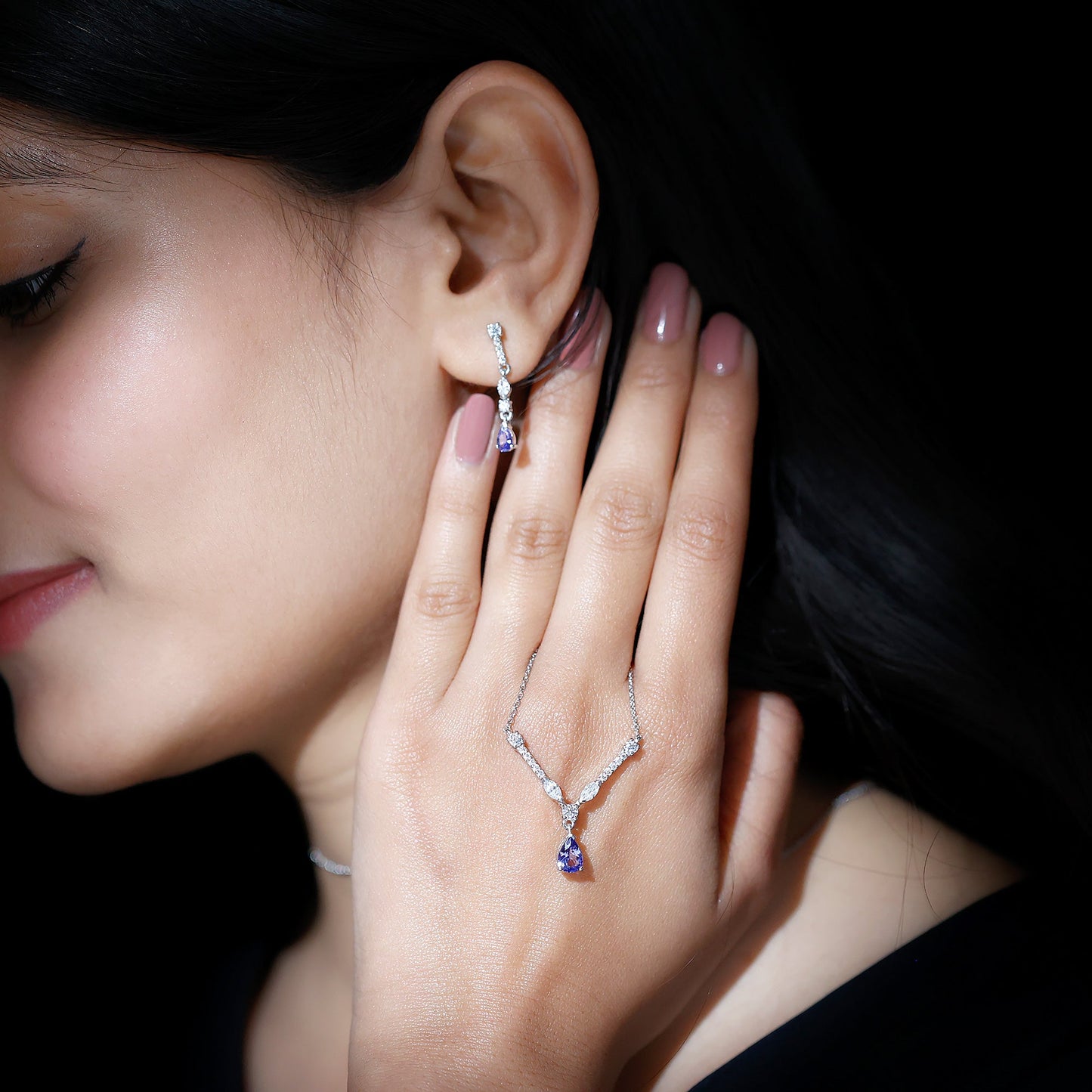 Tanzanite and Moissanite Drop Necklace Earrings Set