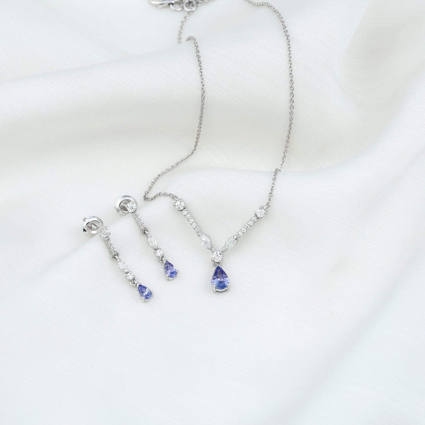 Tanzanite and Moissanite Drop Necklace Earrings Set