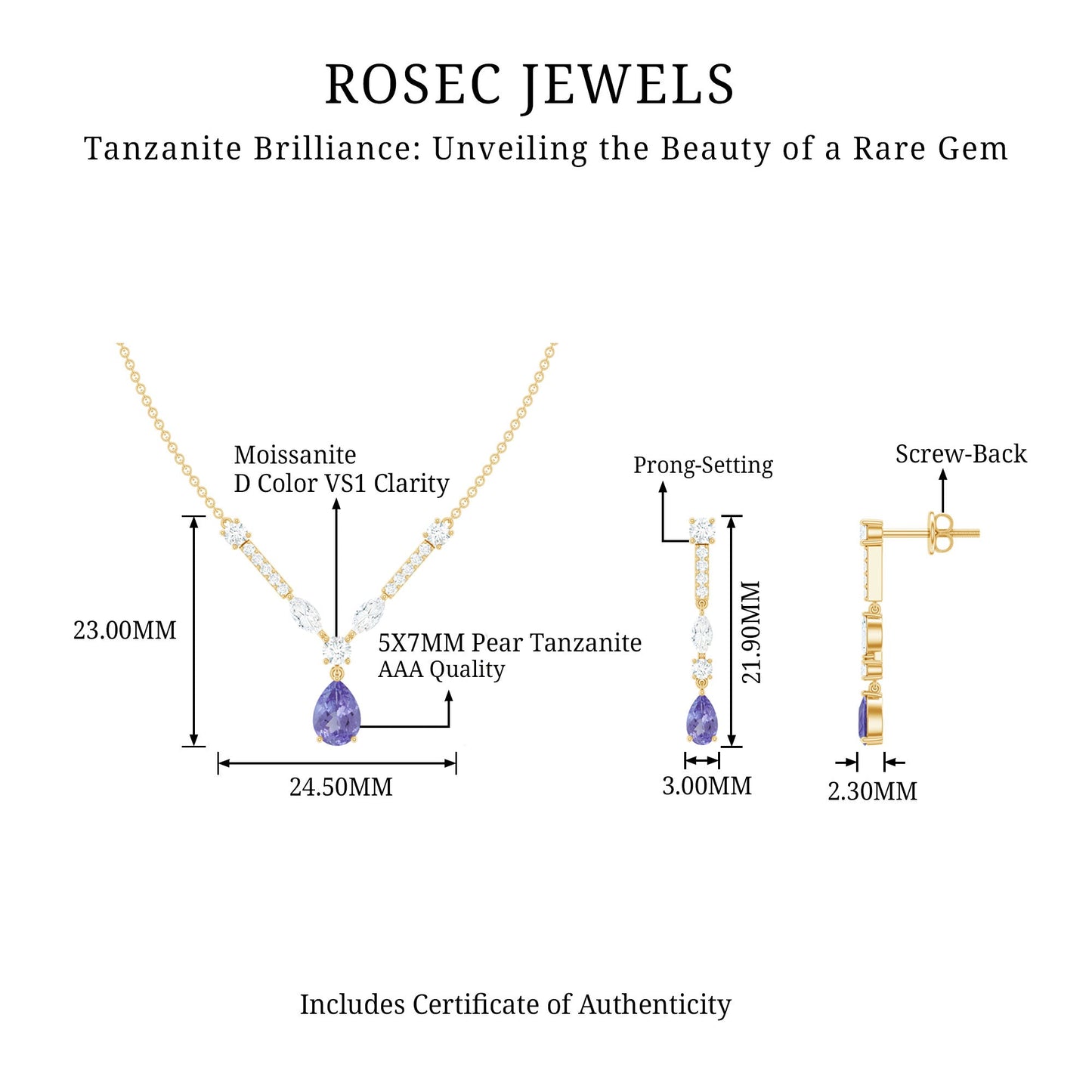 Tanzanite and Moissanite Drop Necklace Earrings Set
