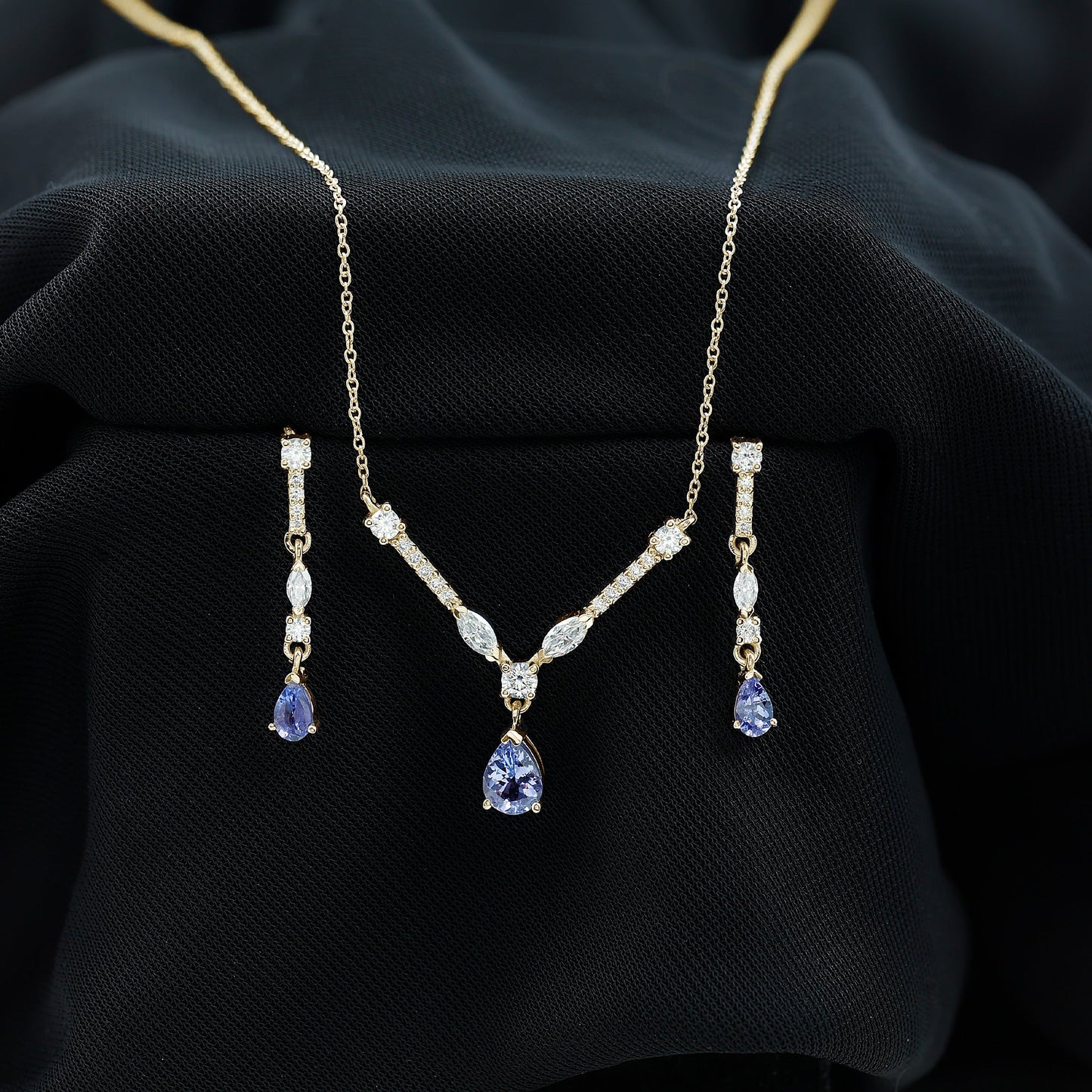Tanzanite and Moissanite Drop Necklace Earrings Set