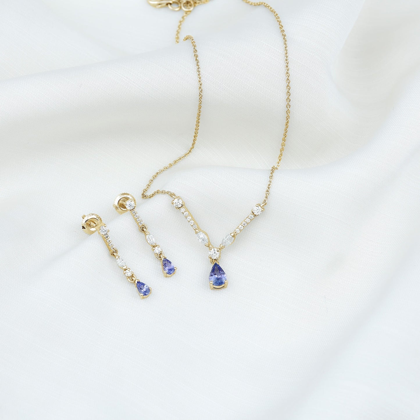 Tanzanite and Moissanite Drop Necklace Earrings Set