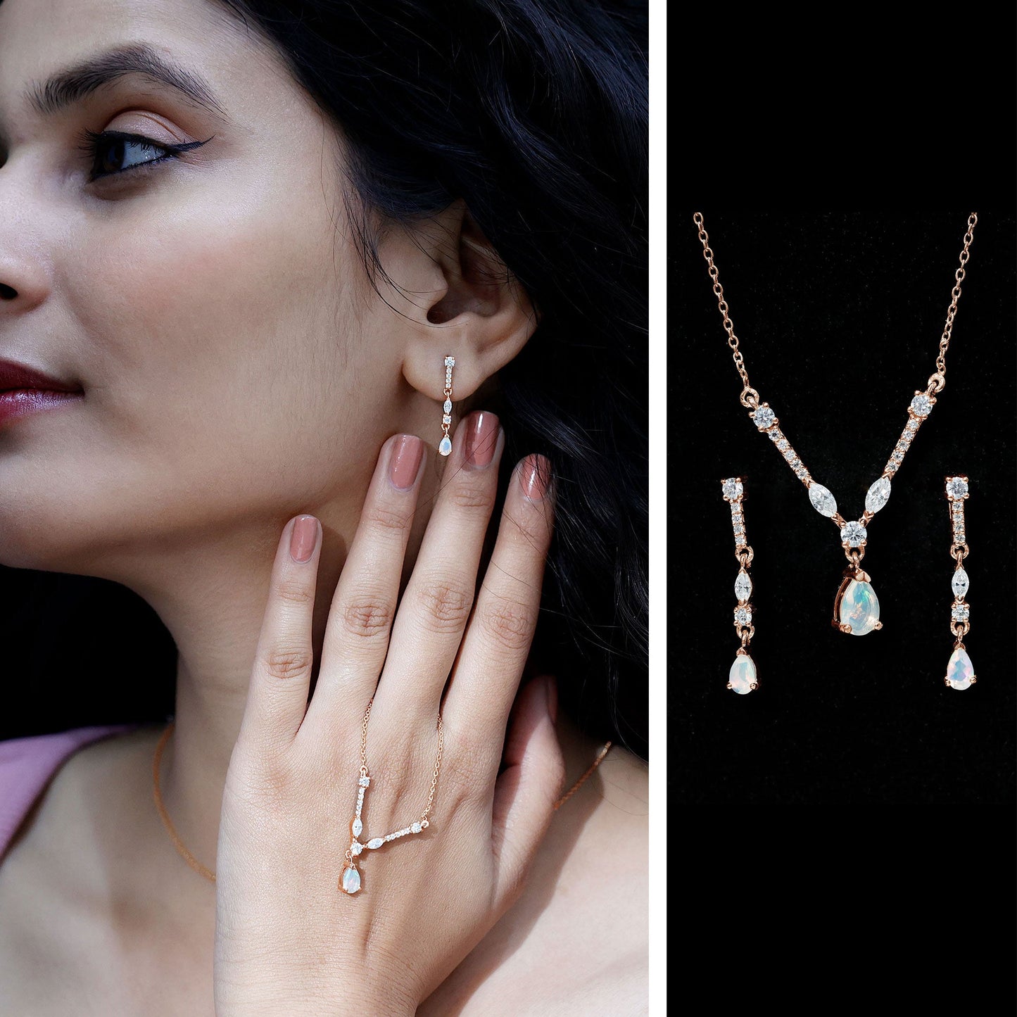 Natural Ethiopian Opal and Moissanite Teardrop Jewelry Set