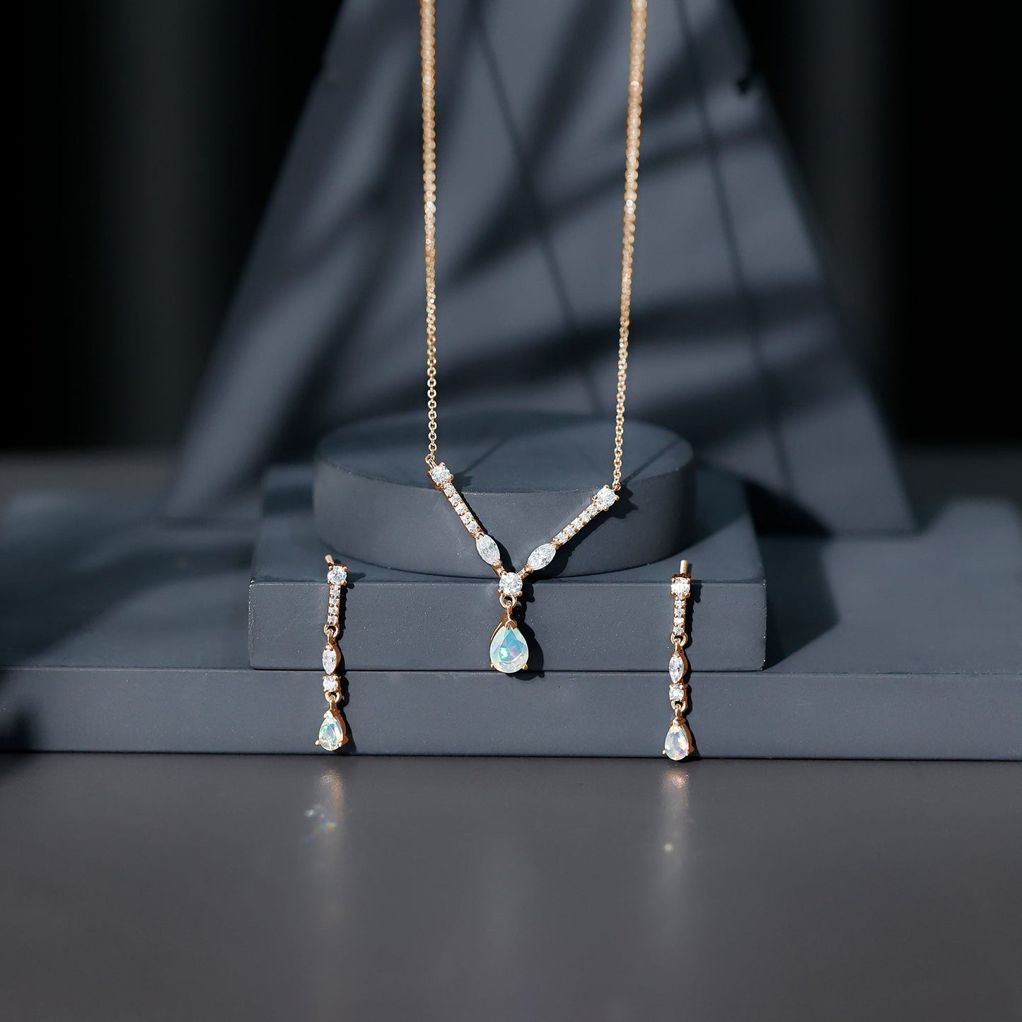 Natural Ethiopian Opal and Moissanite Teardrop Jewelry Set