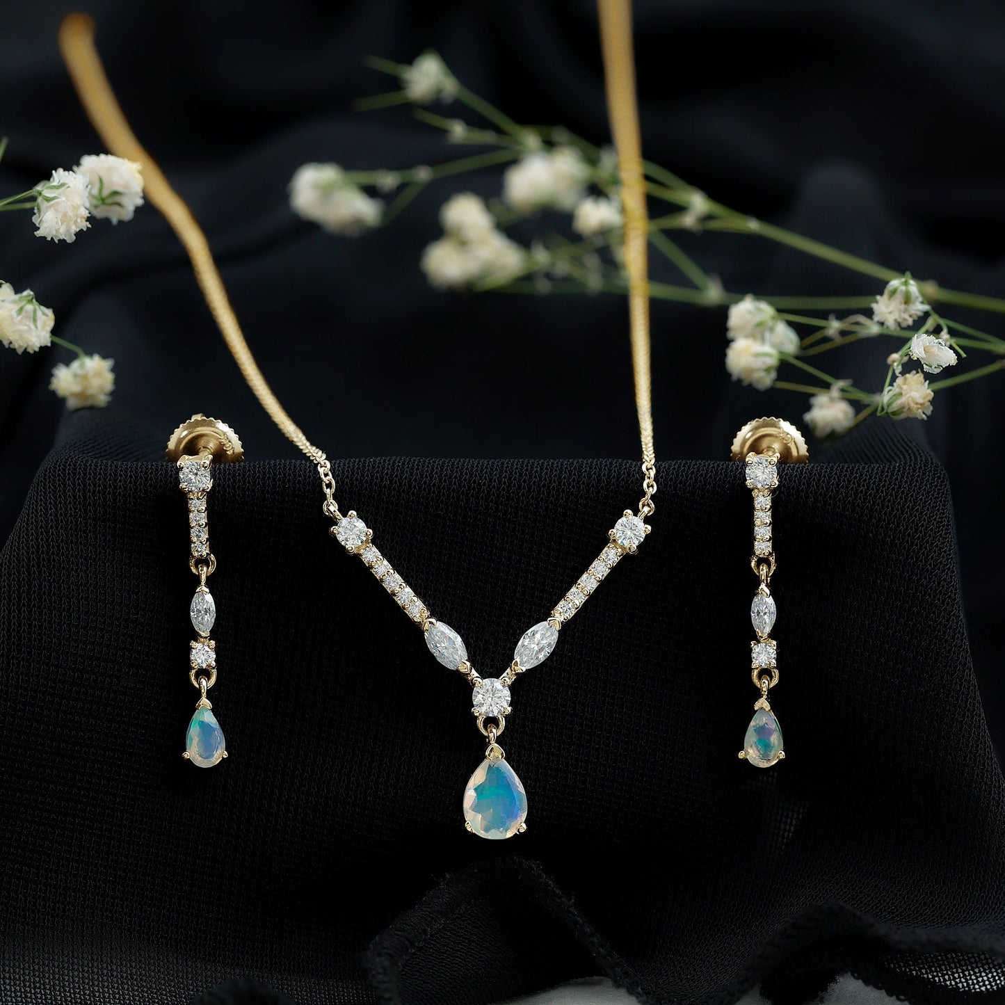 Natural Ethiopian Opal and Moissanite Teardrop Jewelry Set