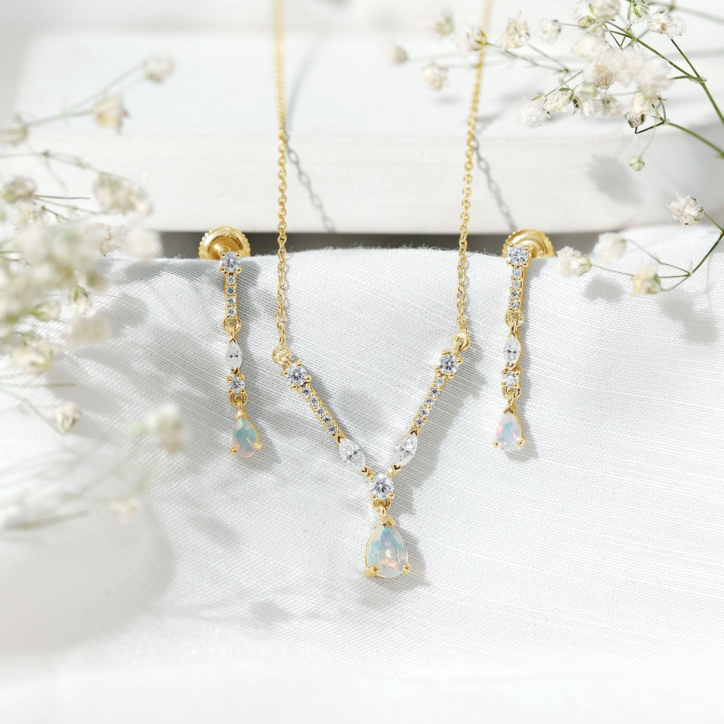 Natural Ethiopian Opal and Moissanite Teardrop Jewelry Set
