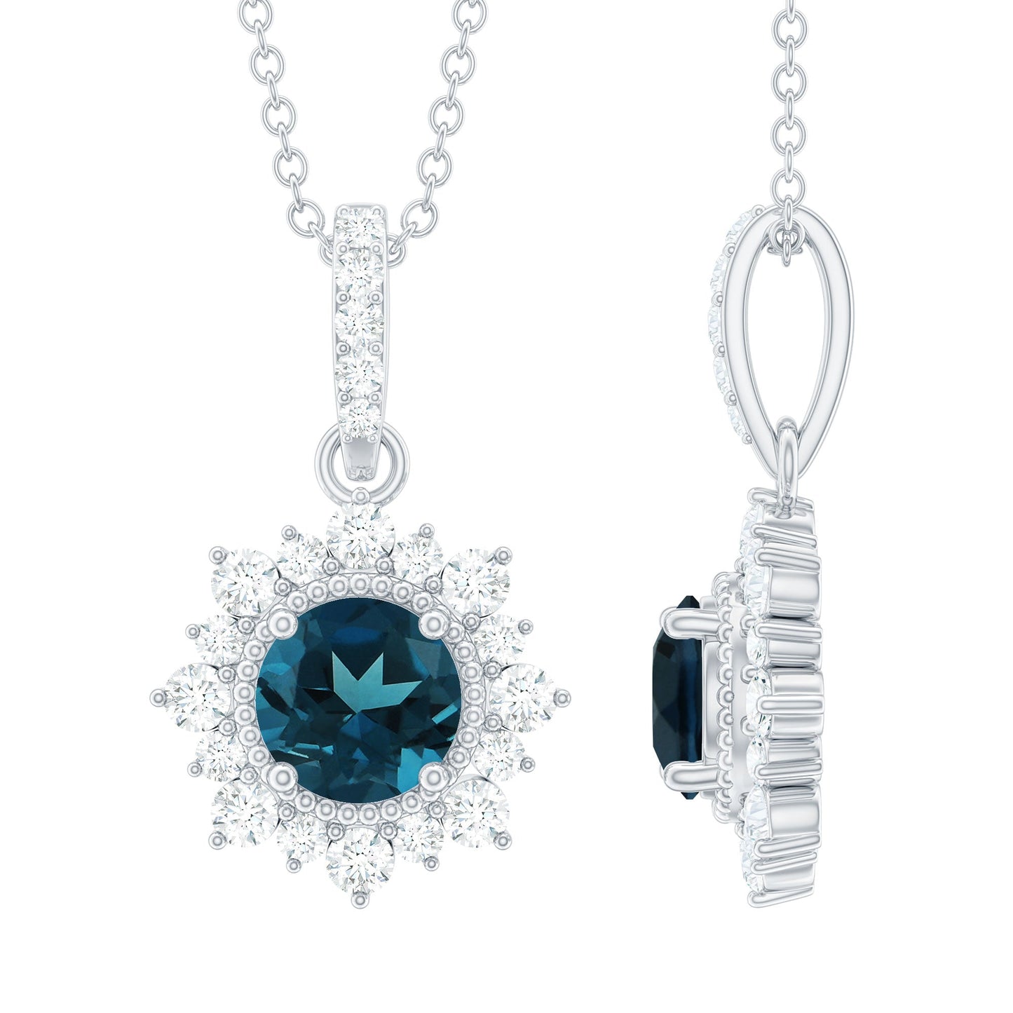 1.3 Carat Round London Blue Topaz Halo Pendant with Diamonds