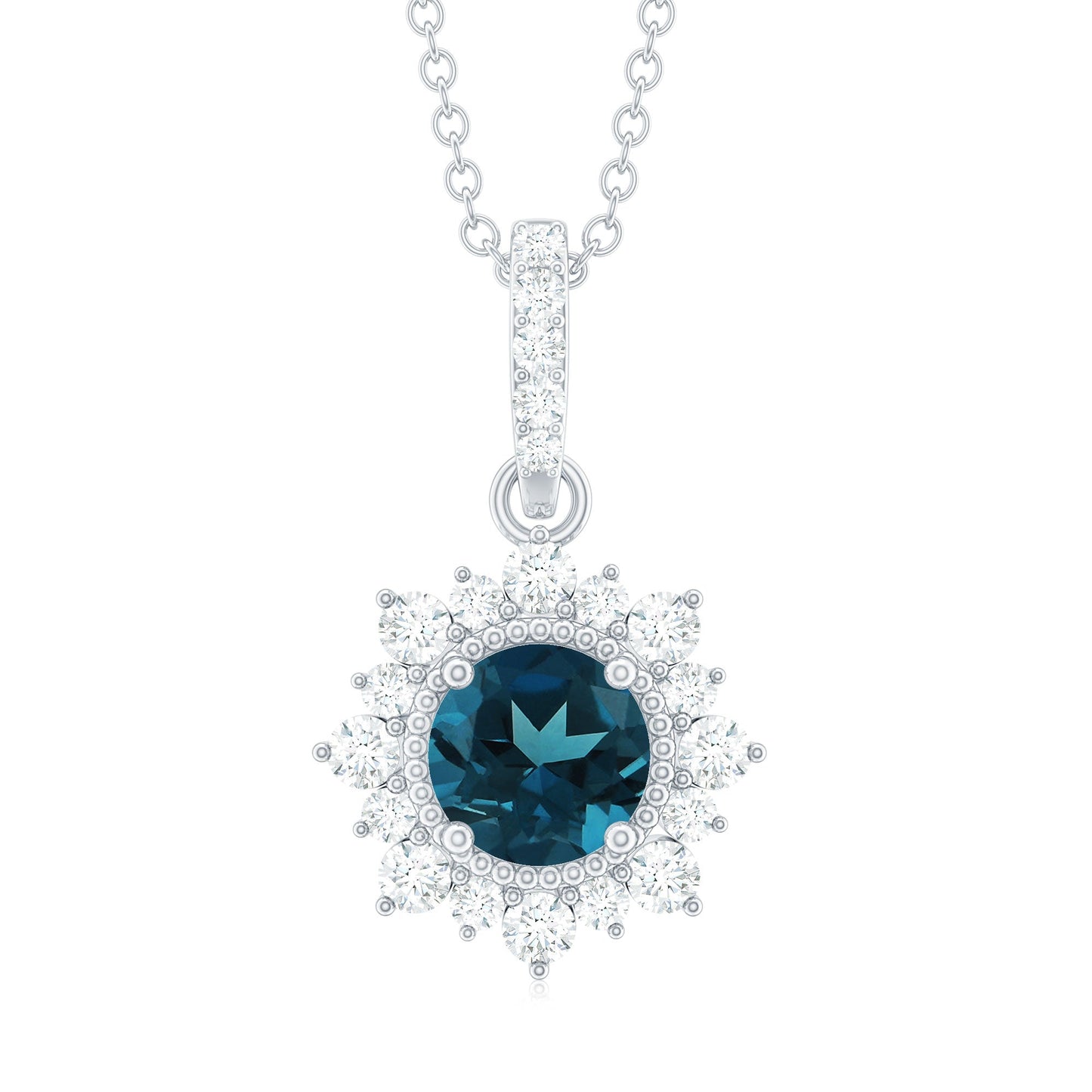 1.3 Carat Round London Blue Topaz Halo Pendant with Diamonds