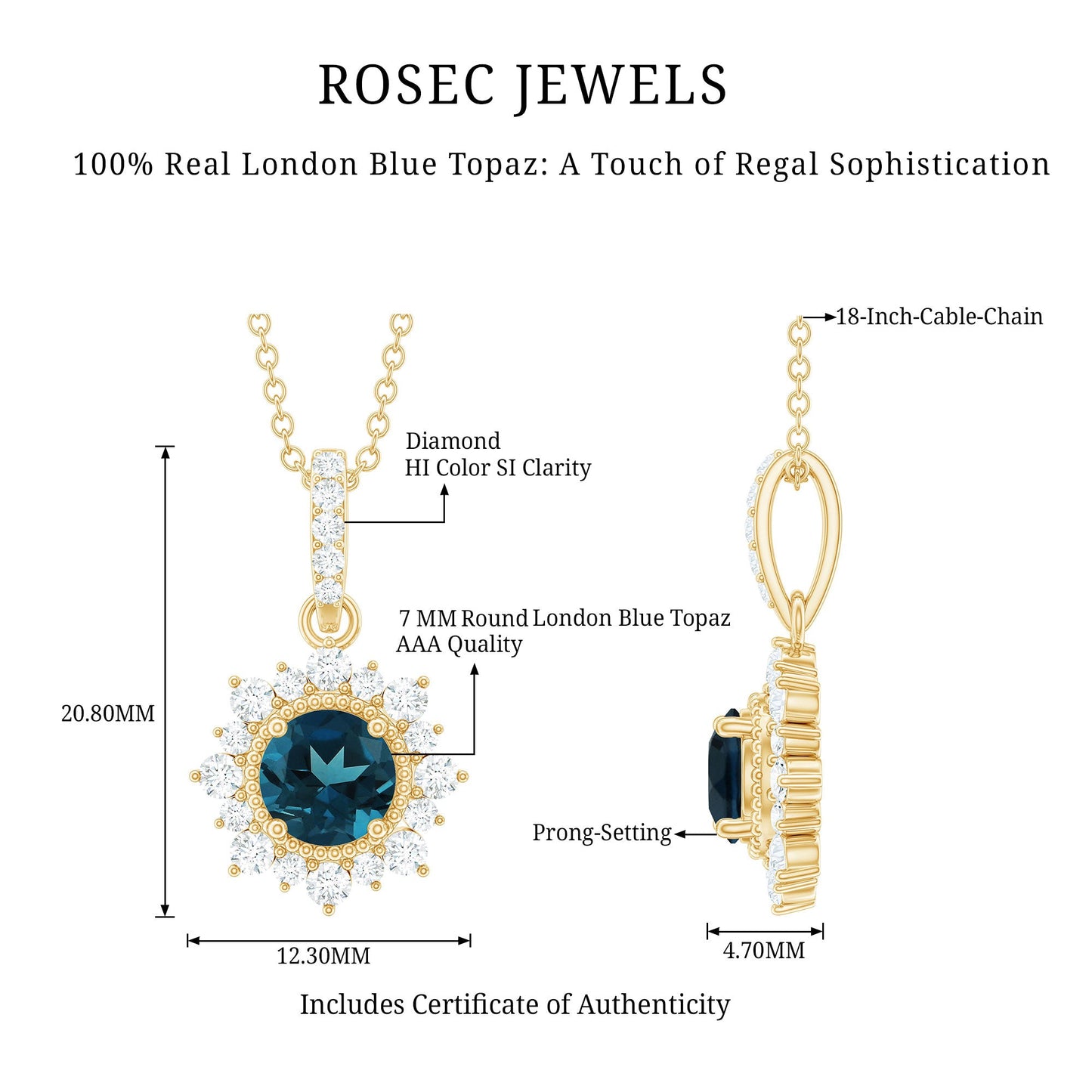 1.3 Carat Round London Blue Topaz Halo Pendant with Diamonds