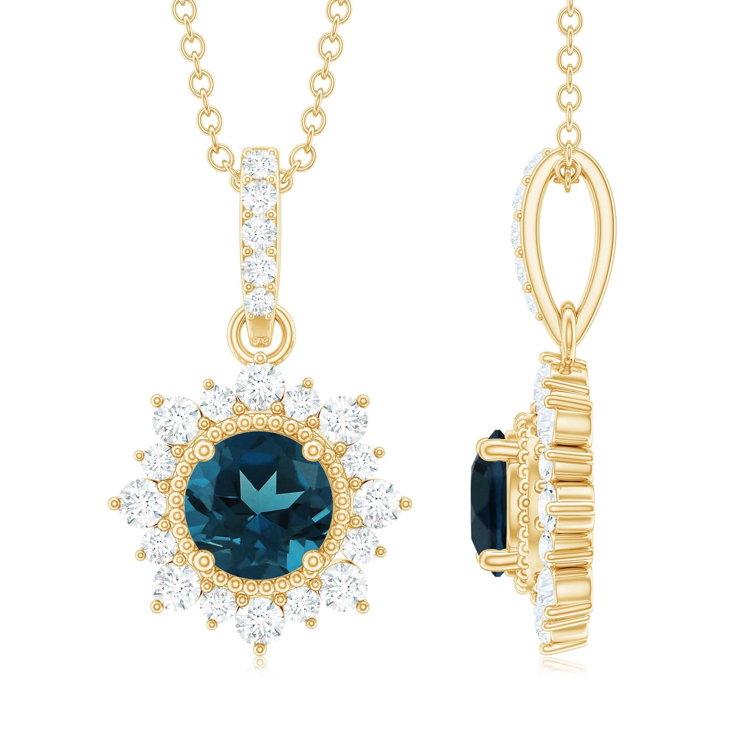 1.3 Carat Round London Blue Topaz Halo Pendant with Diamonds