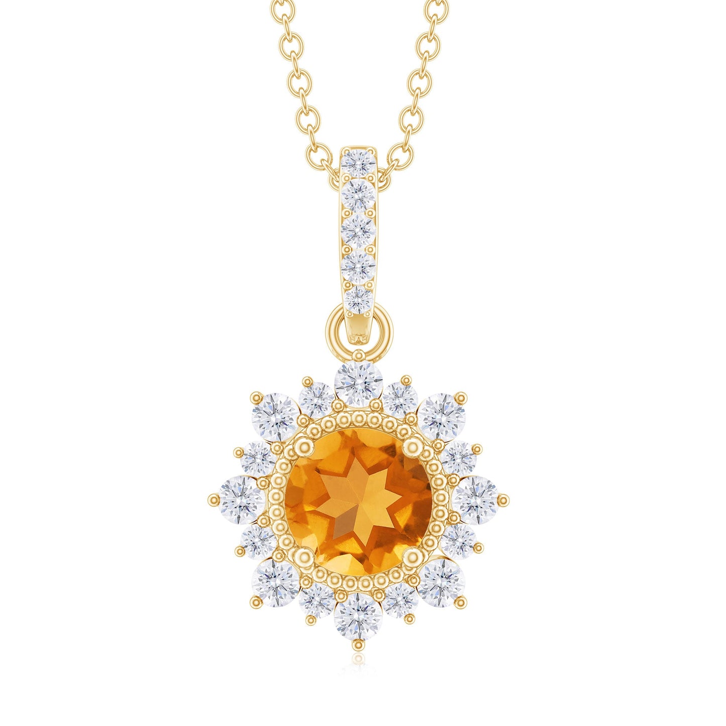 Natural 1.2 Carat Citrine Pendant Necklace with Diamond Halo