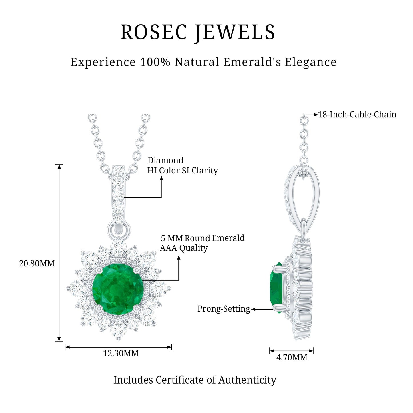 Natural Half Carat Emerald Flower Necklace with Diamond Halo