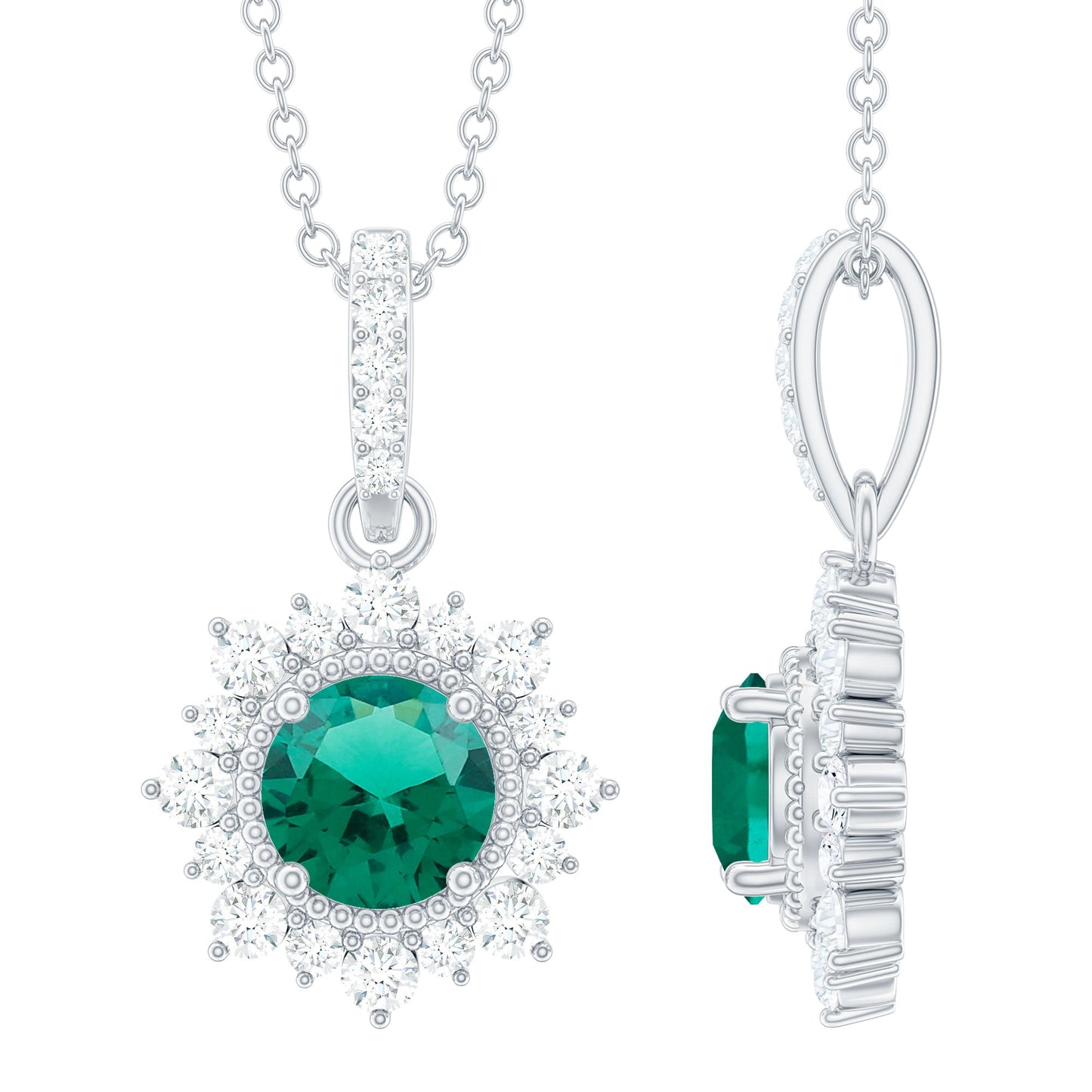 0.8 Carat Round Lab Created Emerald Halo Pendant with Diamonds