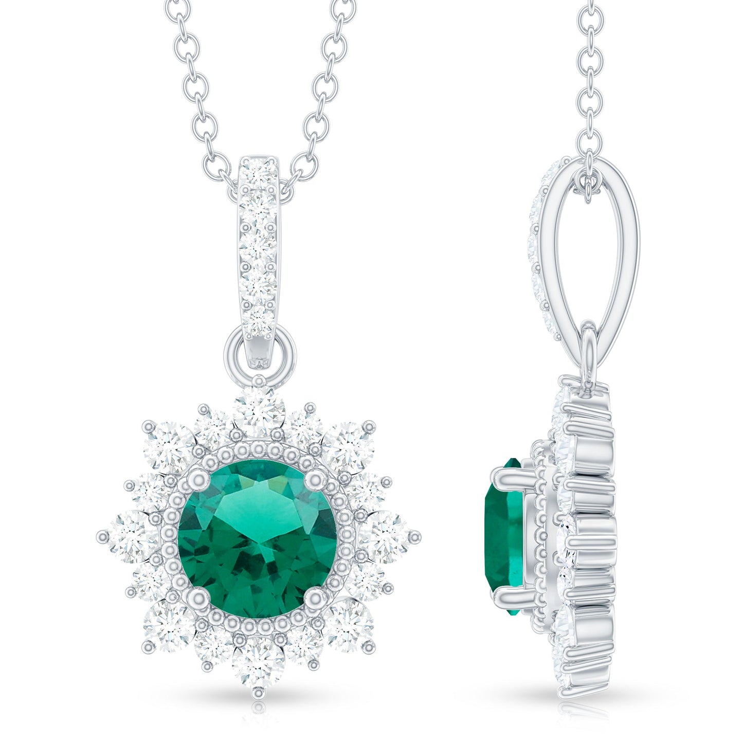 0.8 Carat Round Lab Created Emerald Halo Pendant with Diamonds