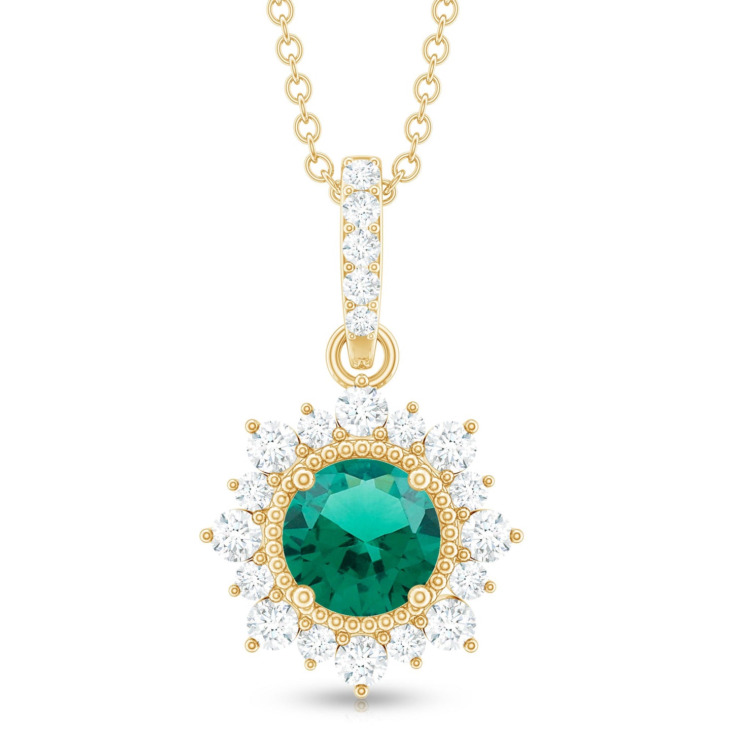 0.8 Carat Round Lab Created Emerald Halo Pendant with Diamonds