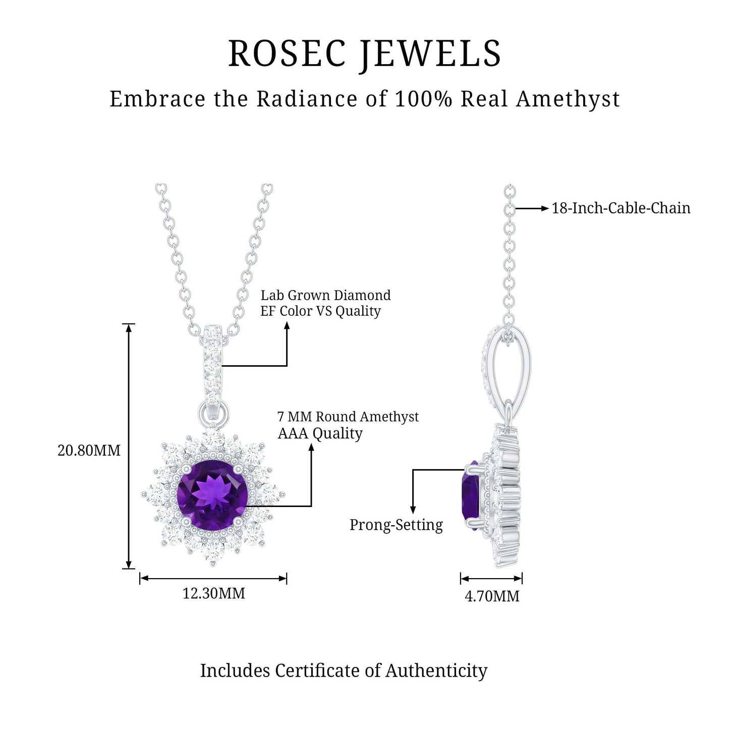Certified Natural Amethyst Pendant Necklace with Diamond Halo