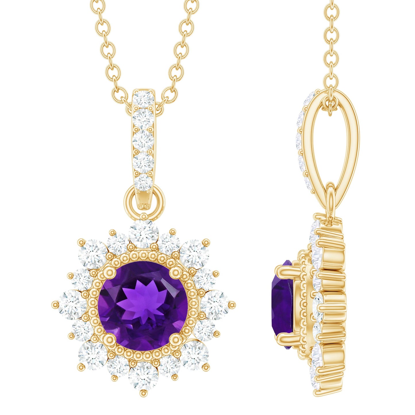 Certified Natural Amethyst Pendant Necklace with Diamond Halo