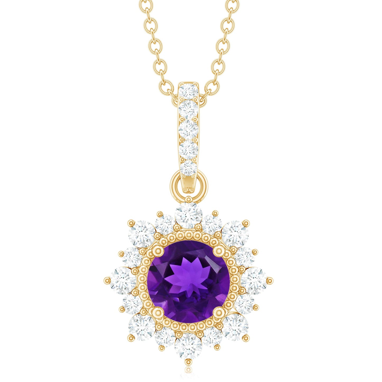 Certified Natural Amethyst Pendant Necklace with Diamond Halo