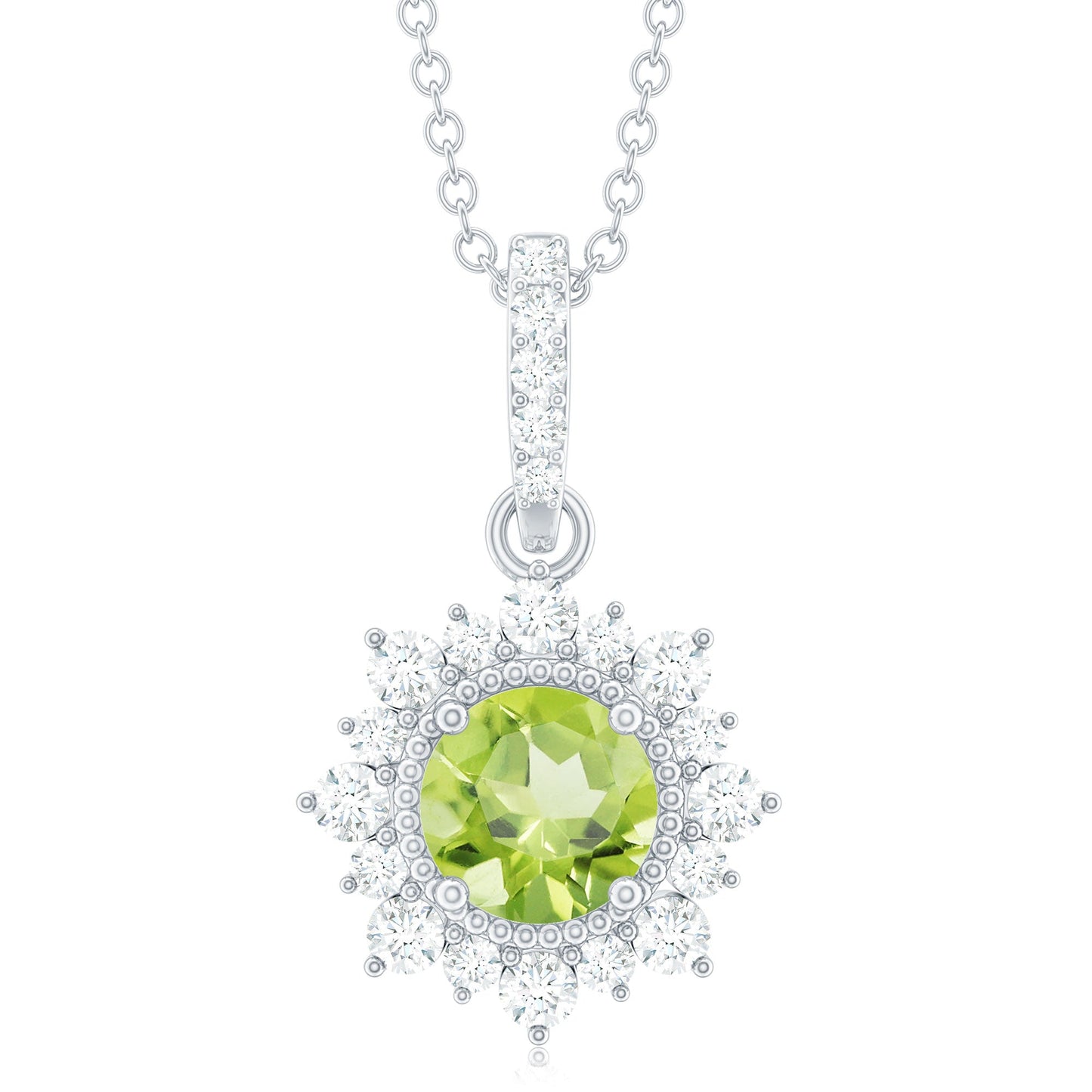 2 Carat Round Cut Peridot Halo Necklace with Diamond Bail