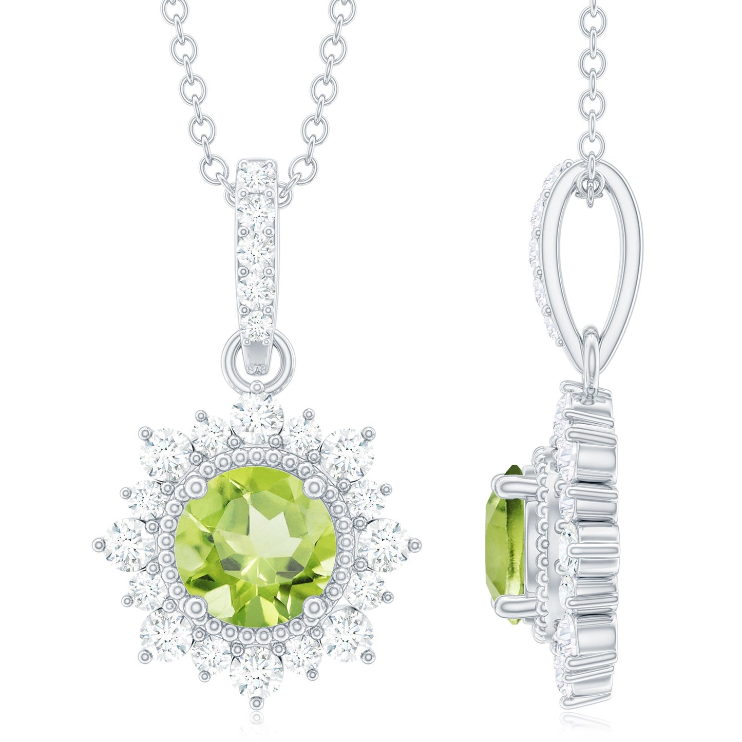2 Carat Round Cut Peridot Halo Necklace with Diamond Bail