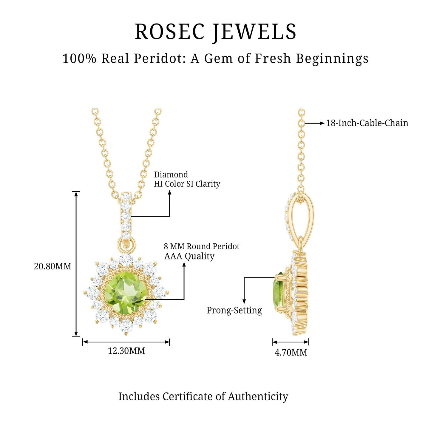 2 Carat Round Cut Peridot Halo Necklace with Diamond Bail