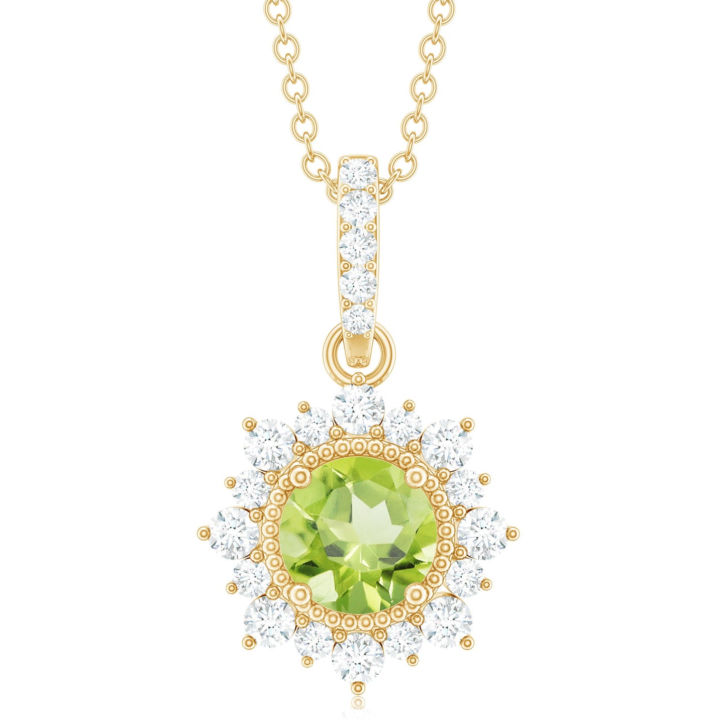 2 Carat Round Cut Peridot Halo Necklace with Diamond Bail