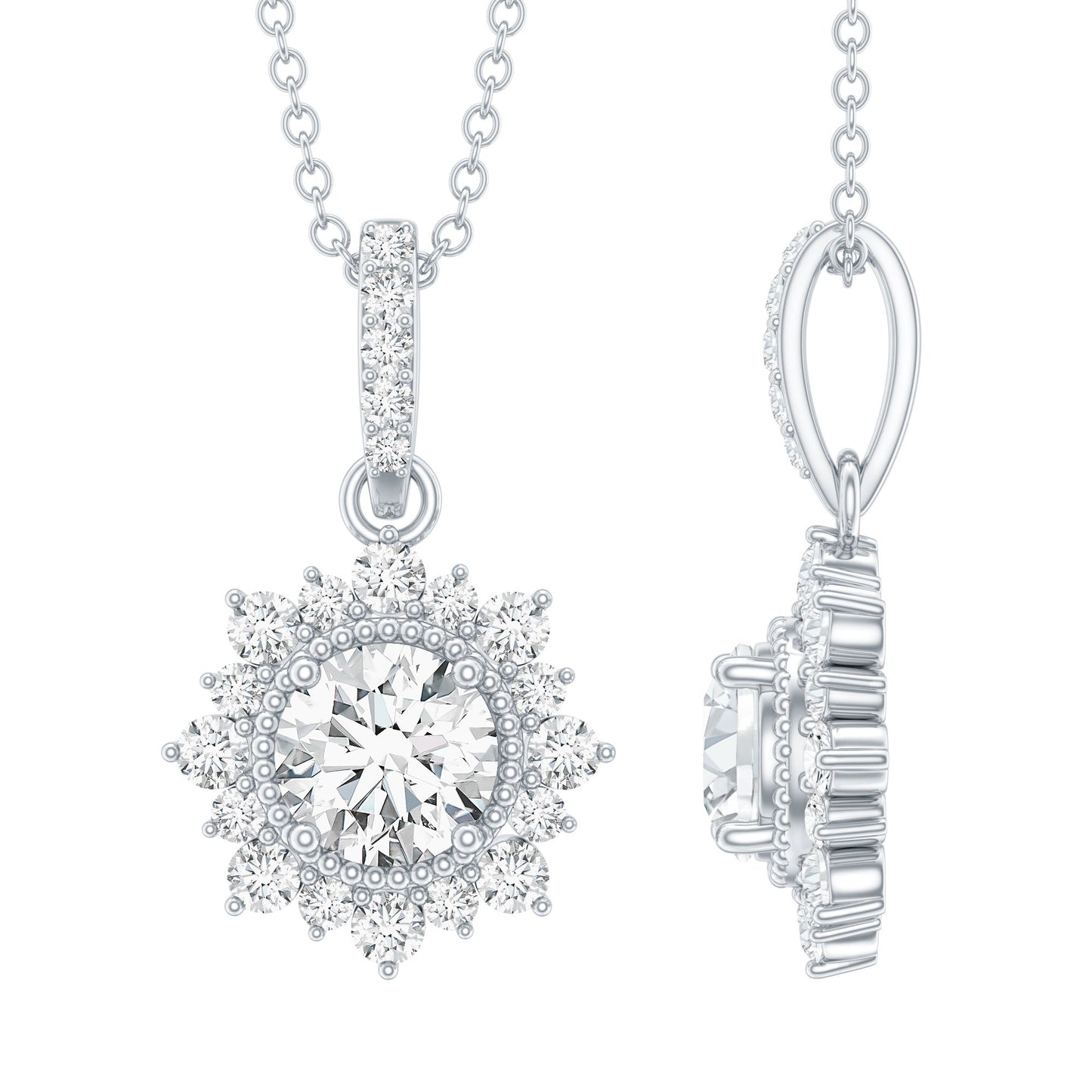 Round Moissanite Halo Necklace with Beaded Detailing
