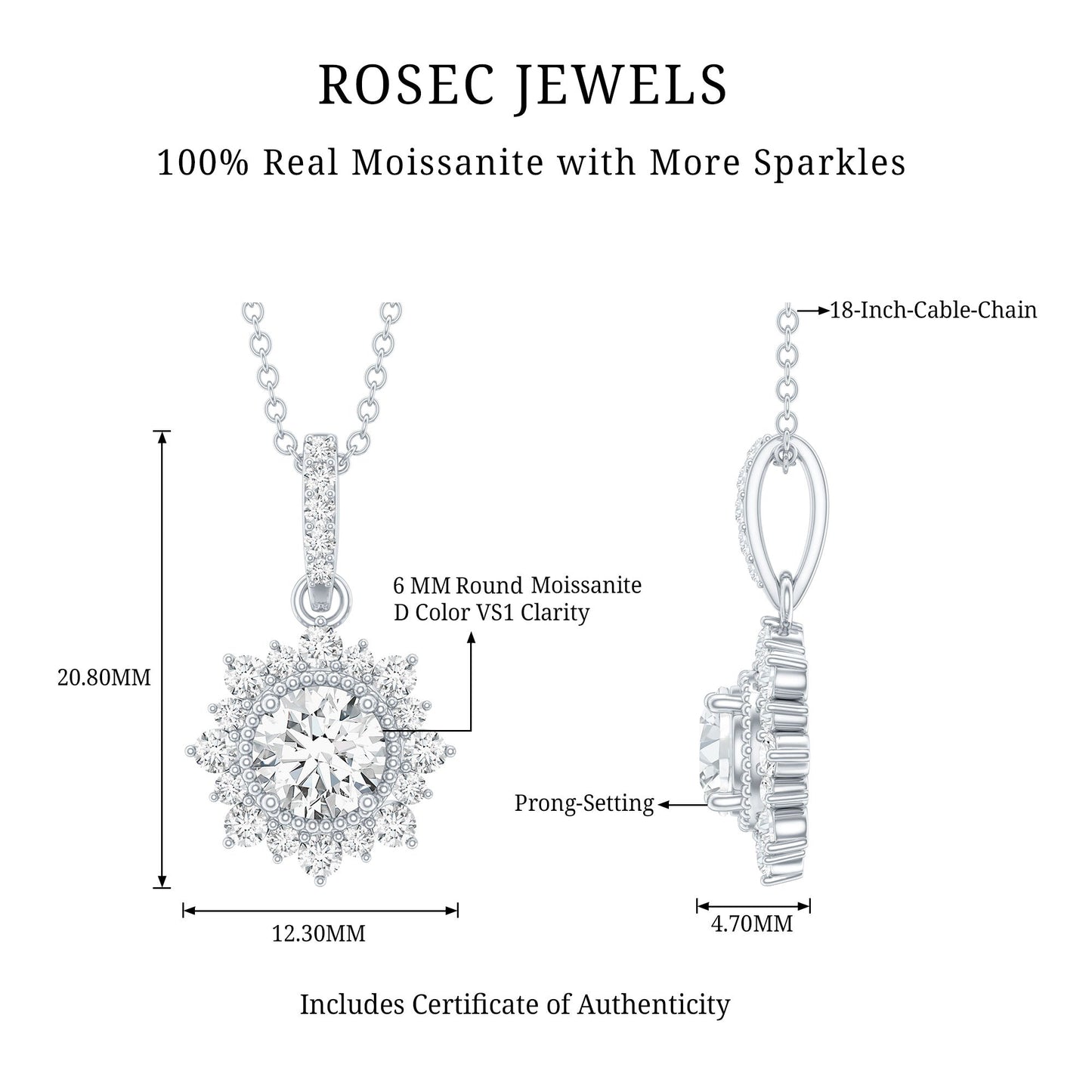 Round Moissanite Halo Necklace with Beaded Detailing