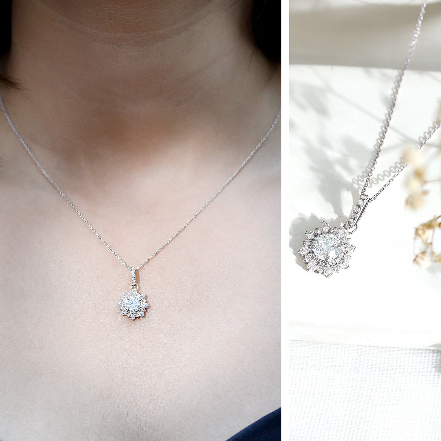 Round Moissanite Halo Necklace with Beaded Detailing