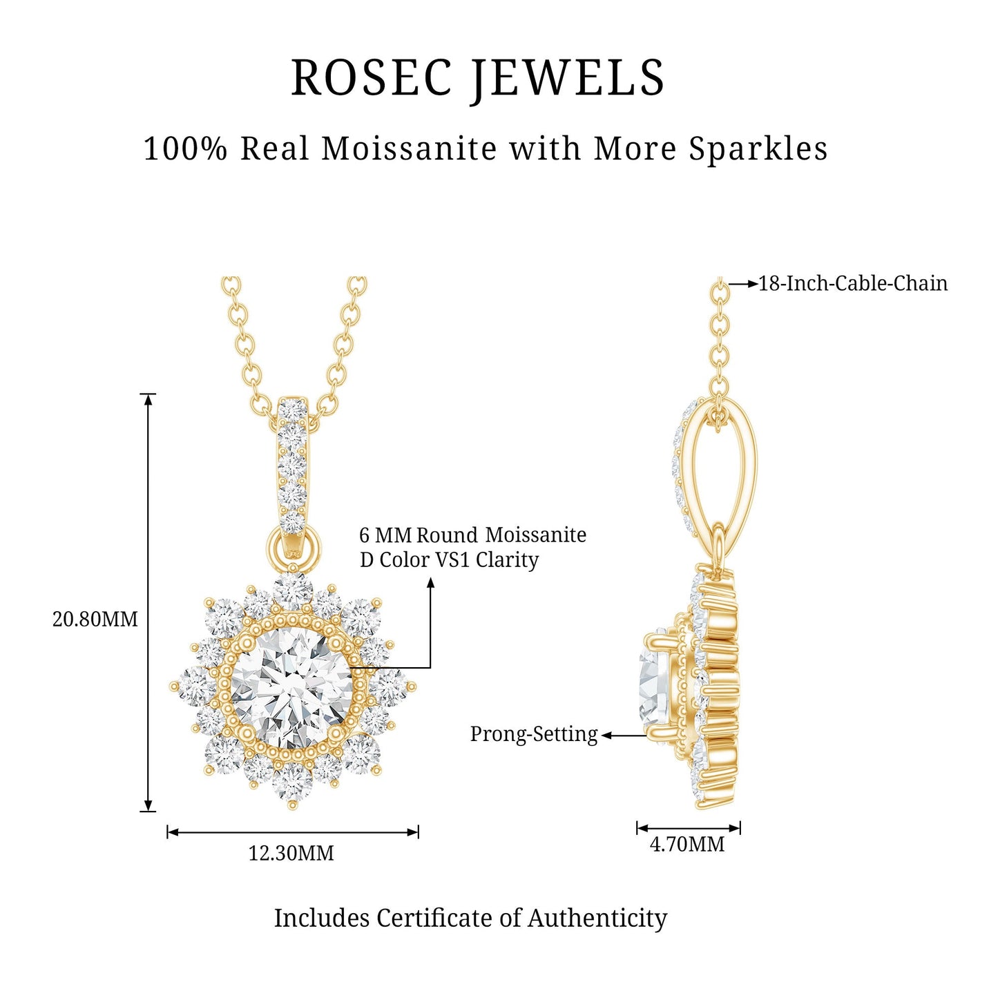 Round Moissanite Halo Necklace with Beaded Detailing