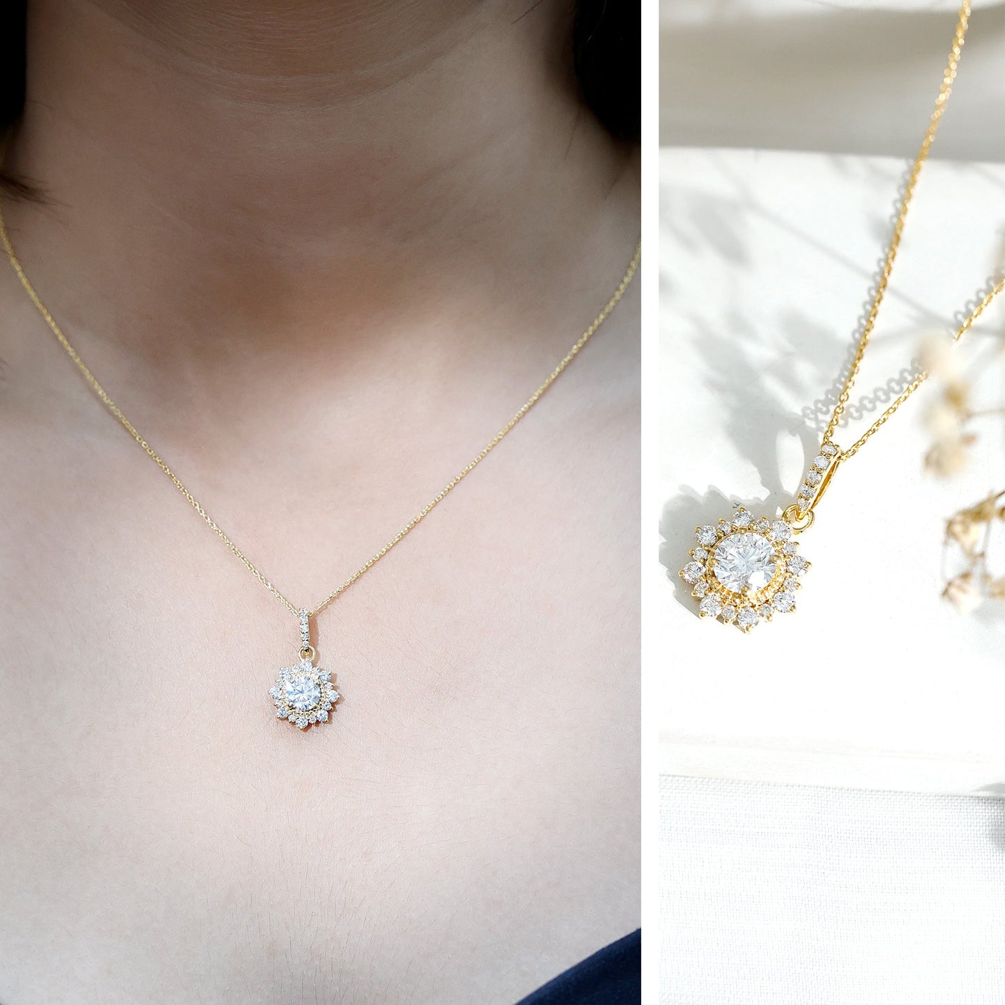 Round Moissanite Halo Necklace with Beaded Detailing