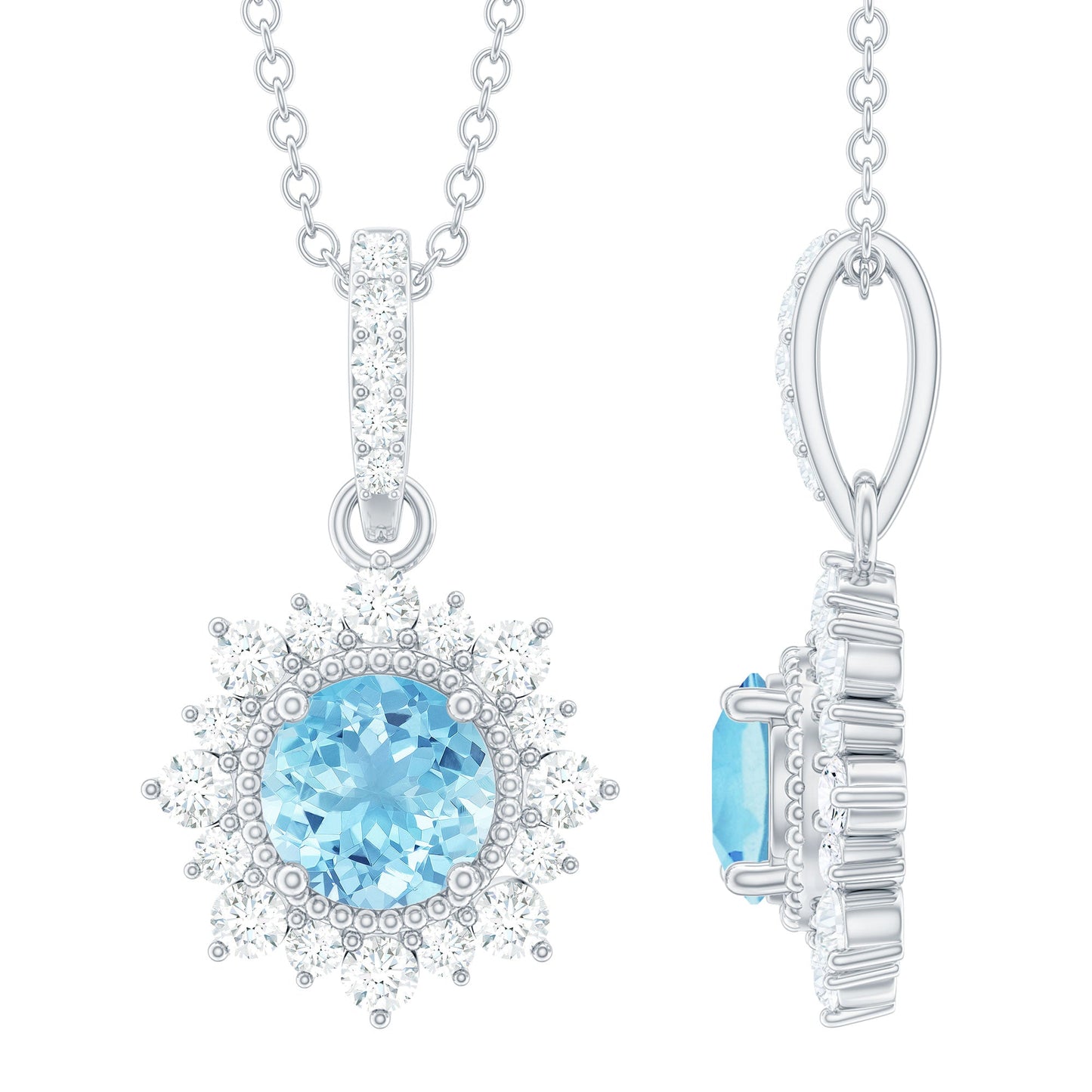 Natural 0.8 Carat Aquamarine Pendant Necklace with Diamond Halo