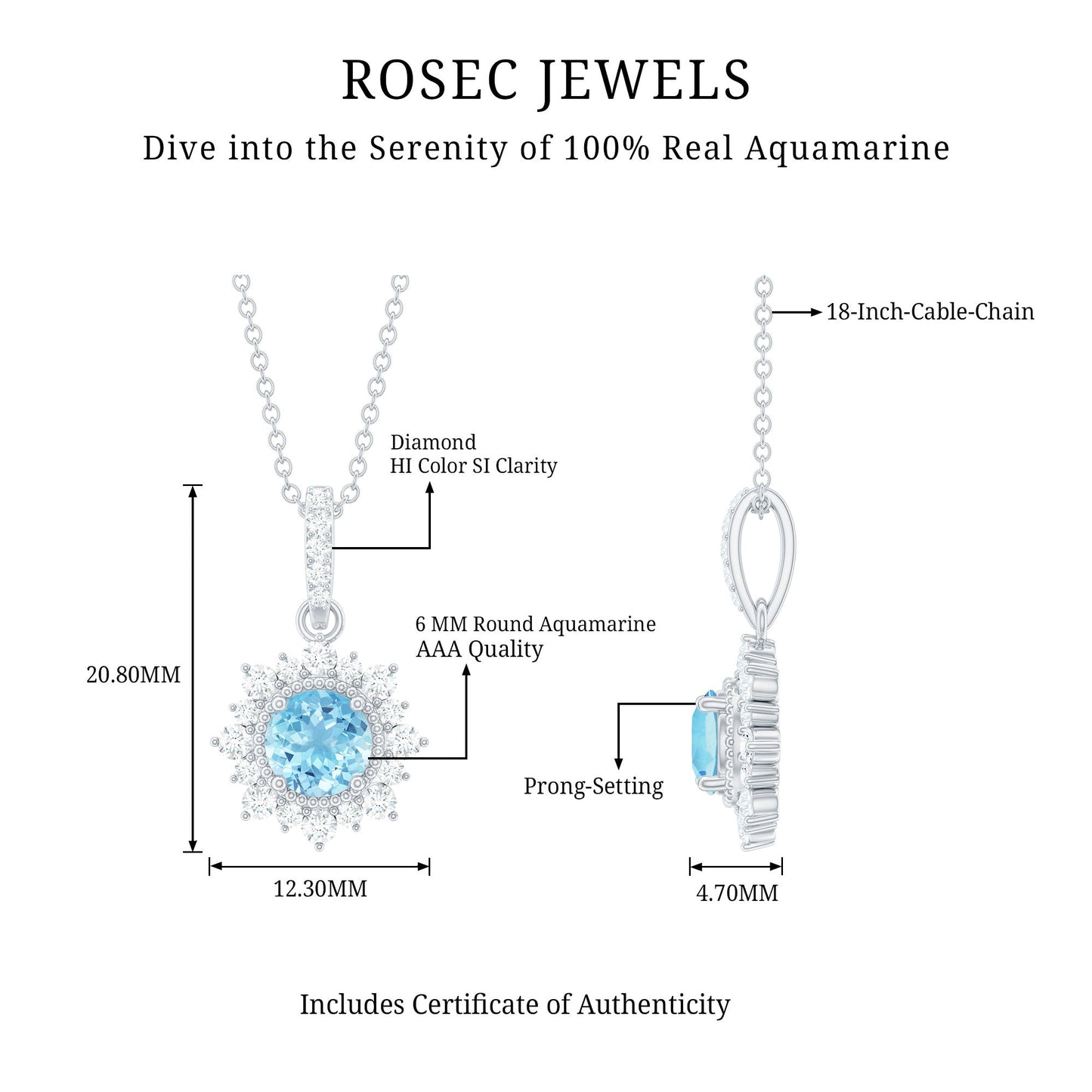 Natural 0.8 Carat Aquamarine Pendant Necklace with Diamond Halo