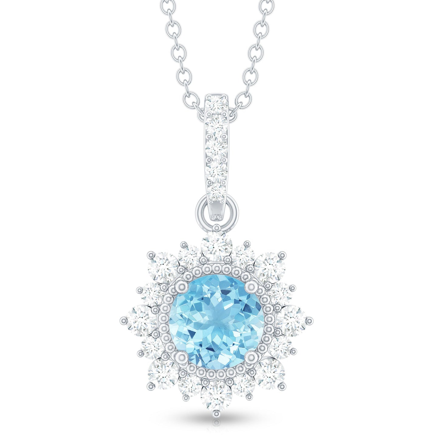 Natural 0.8 Carat Aquamarine Pendant Necklace with Diamond Halo