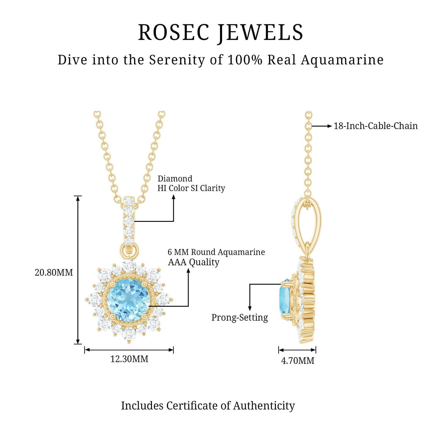 Natural 0.8 Carat Aquamarine Pendant Necklace with Diamond Halo