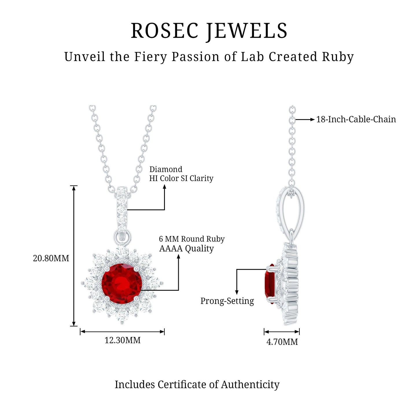 1.3 Carat Round Lab Created Ruby Bridal Necklace with Diamond Halo
