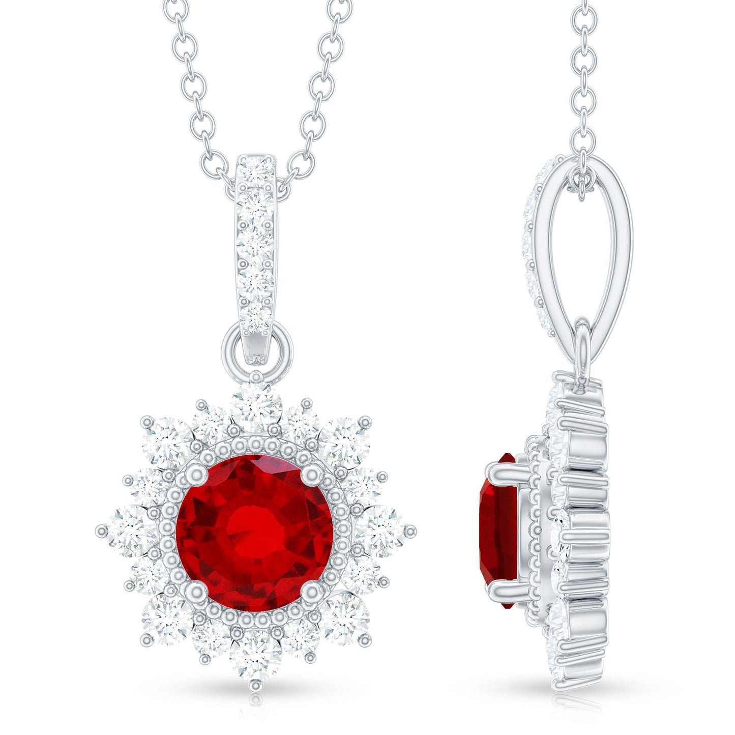 1.3 Carat Round Lab Created Ruby Bridal Necklace with Diamond Halo