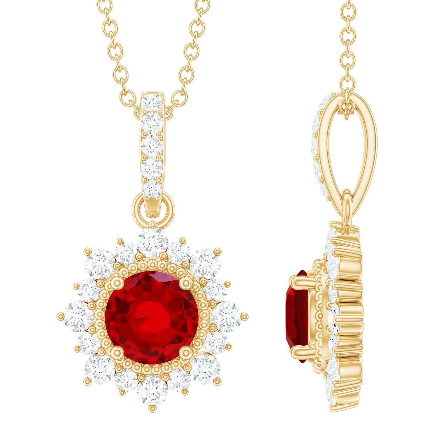 1.3 Carat Round Lab Created Ruby Bridal Necklace with Diamond Halo