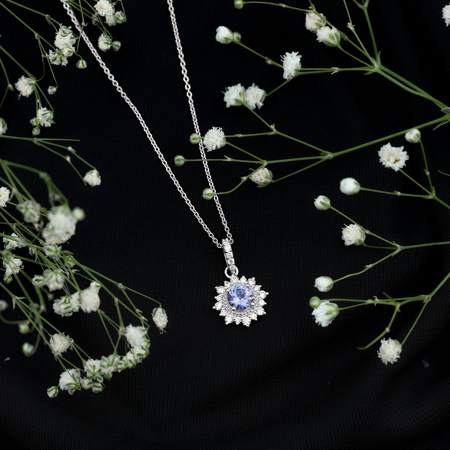 Round Tanzanite Bridal Necklace with Diamond Accent Bail