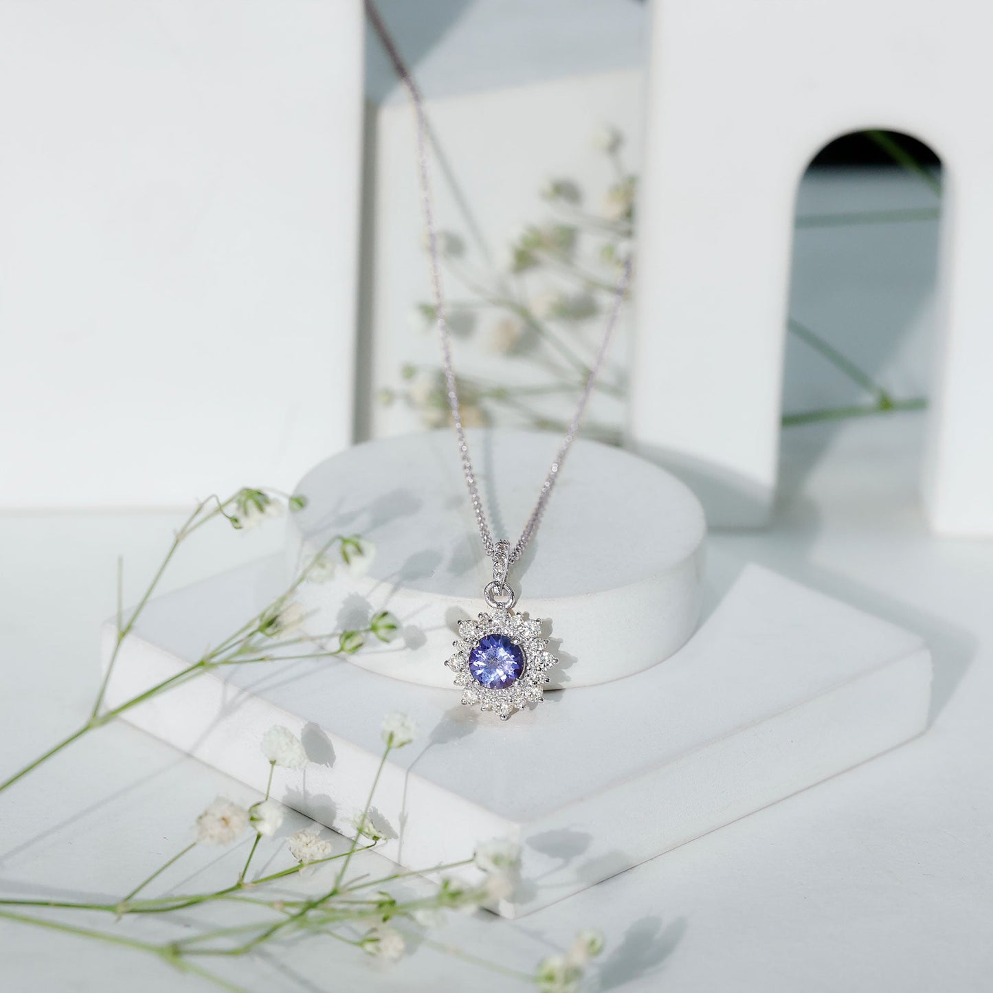 Round Tanzanite Bridal Necklace with Diamond Accent Bail